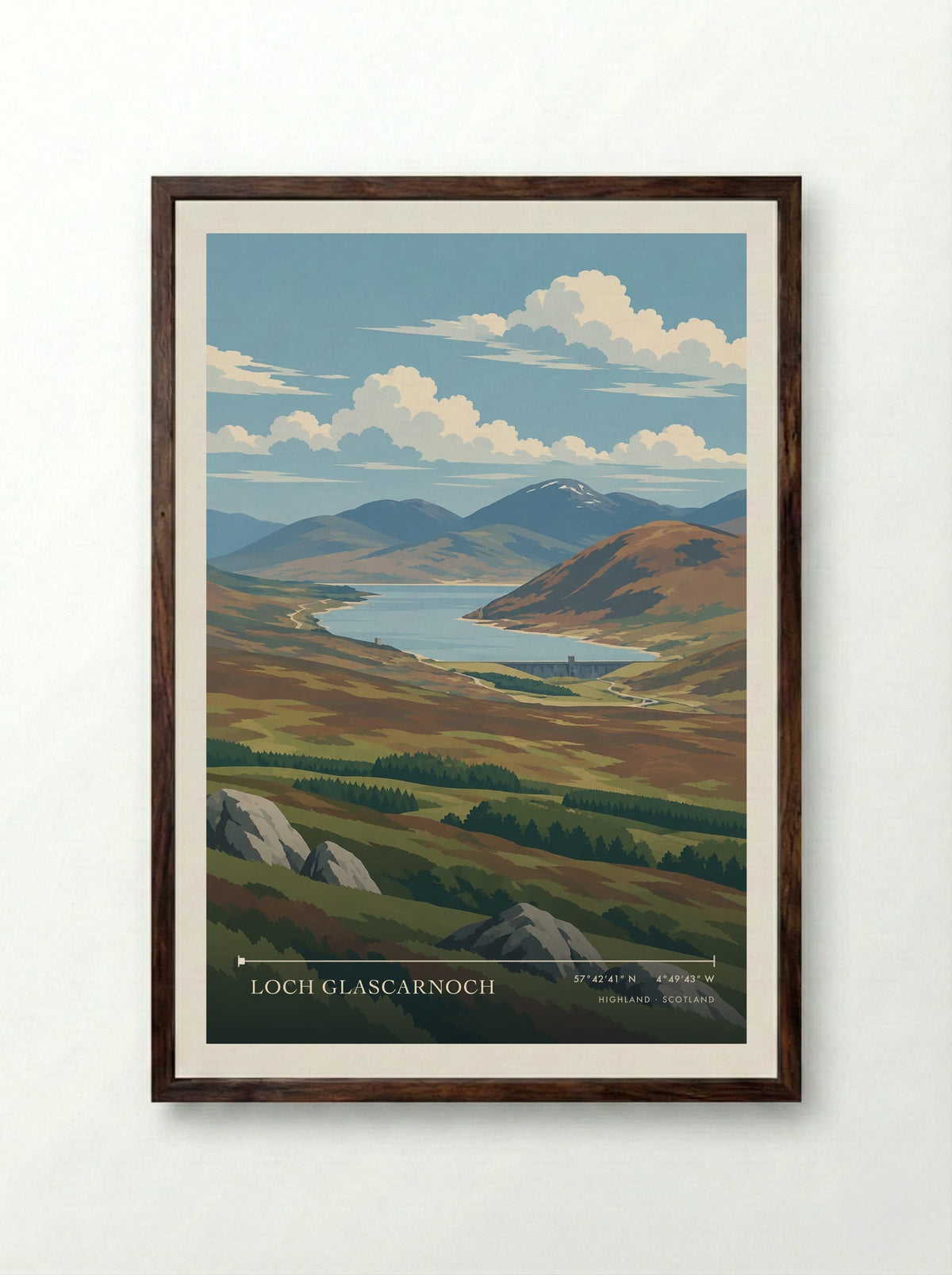 Loch Glascarnoch, Highland | Travel Poster - Framed Print Dark Wood