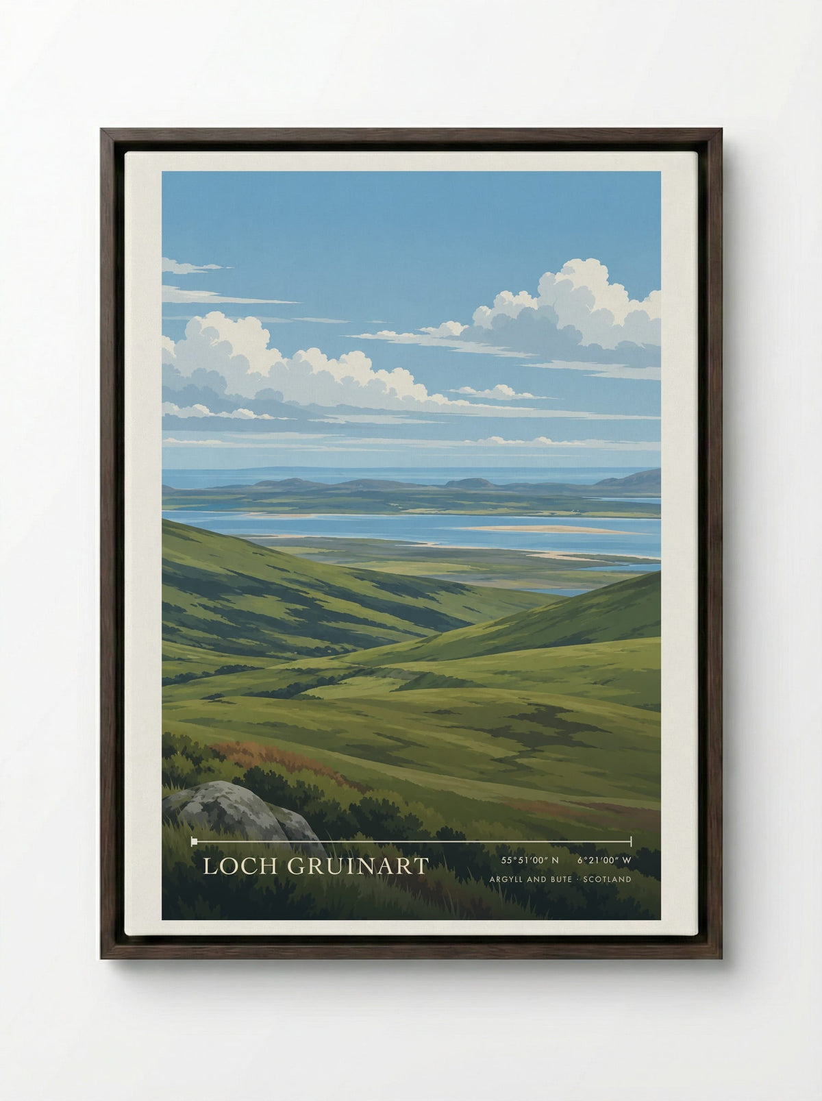 Loch Gruinart, Argyll and Bute | Travel Poster - Framed Canvas Dark Wood