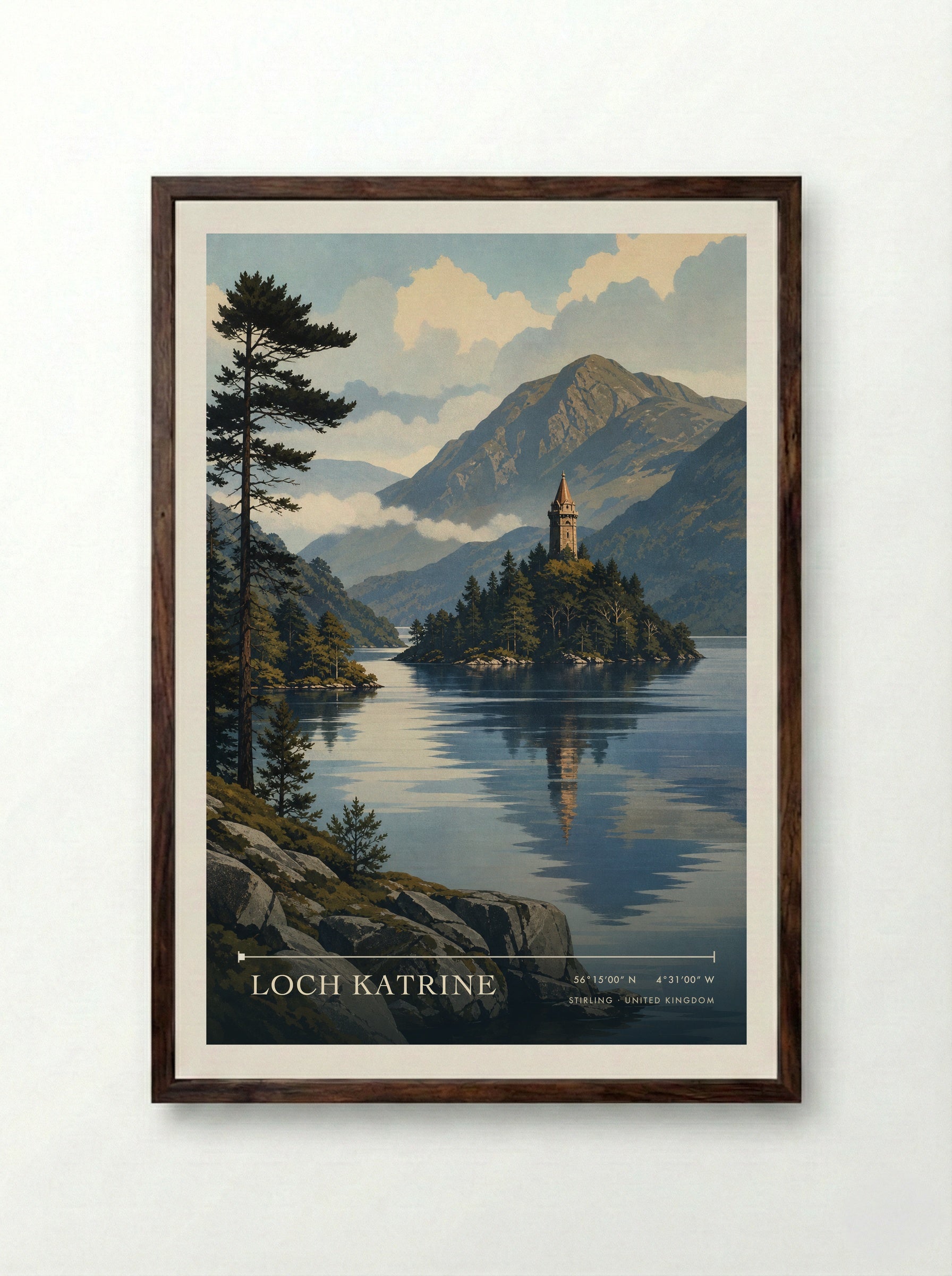 Loch Katrine Stirling United Kingdom Travel Poster - Framed Print Dark Wood