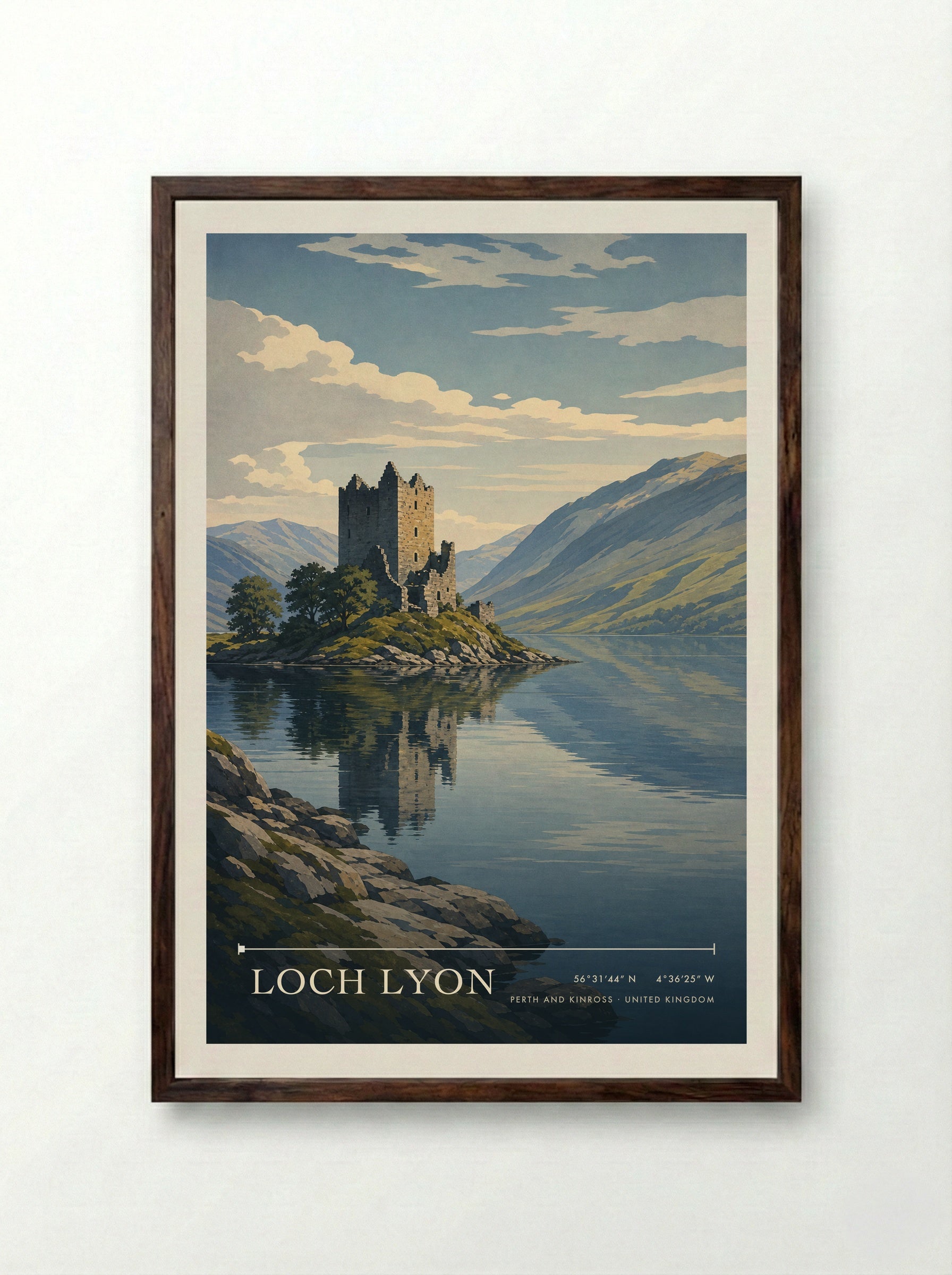 Loch Lyon Perth and Kinross United Kingdom Travel Poster - Framed Print Dark Wood