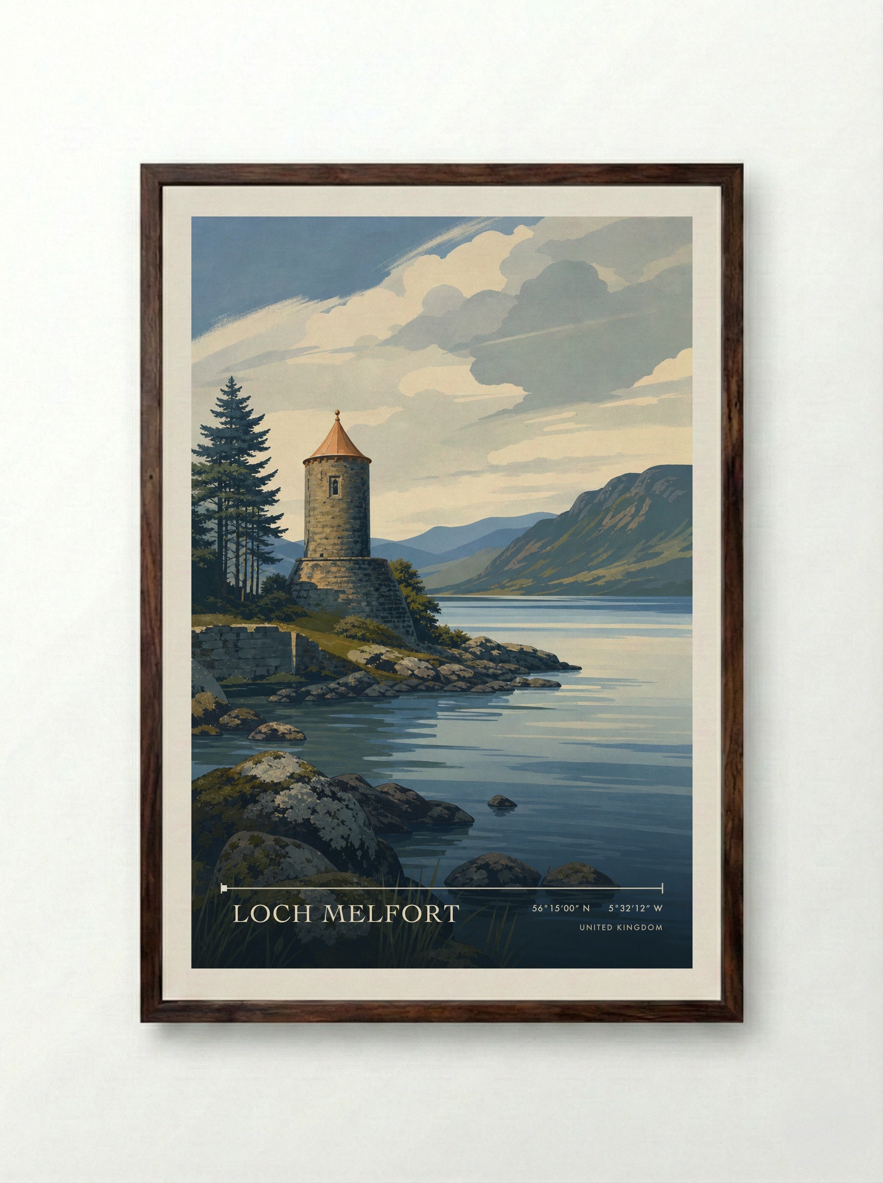 Loch Melfort United Kingdom Travel Poster - Framed Print Dark Wood