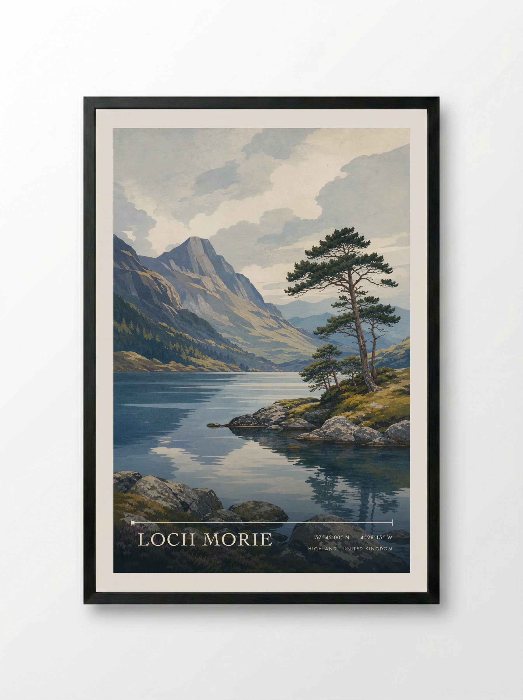 Loch Morie Highland United Kingdom Travel Poster - Framed Print Black