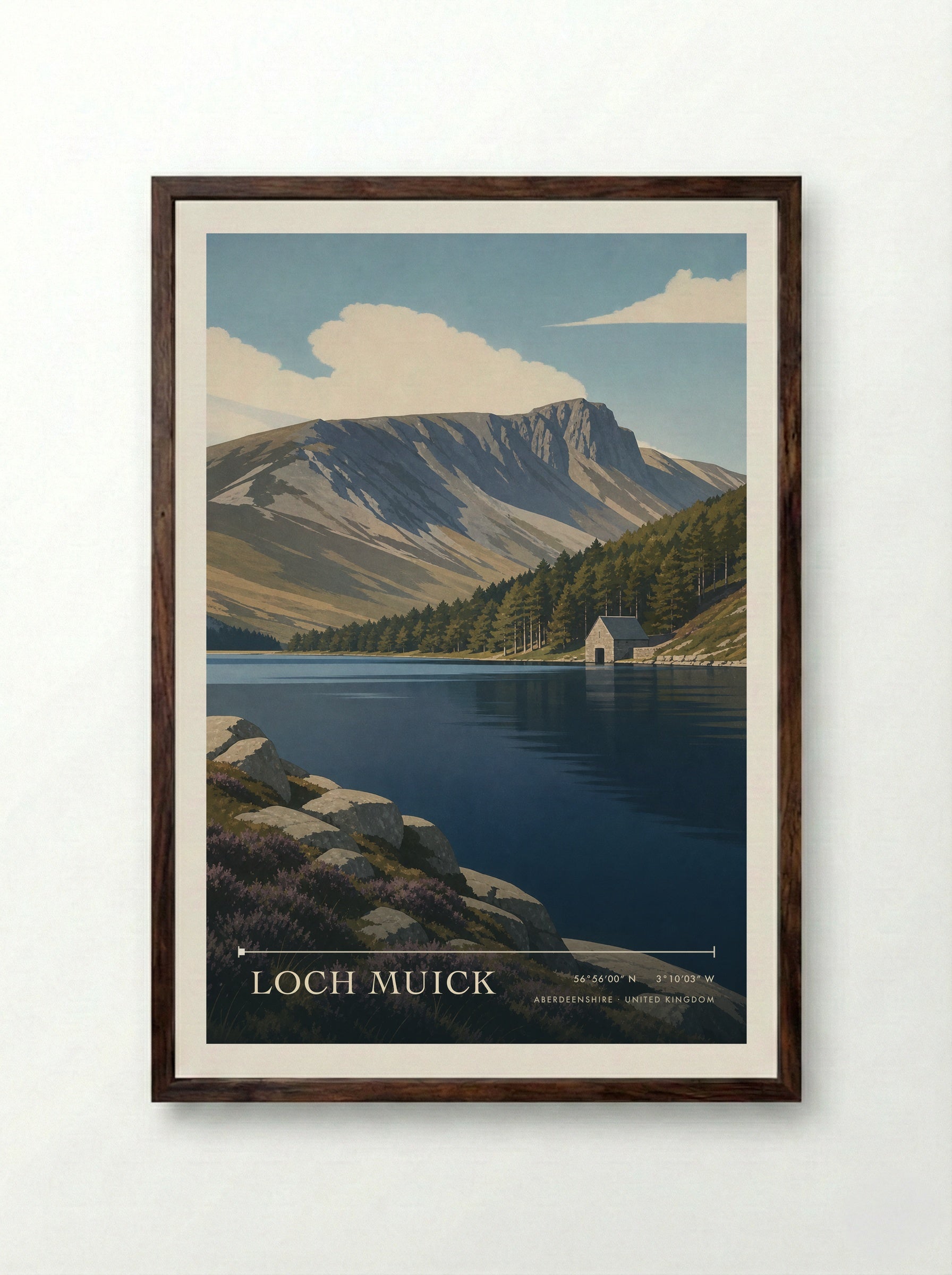 Loch Muick Aberdeenshire United Kingdom Travel Poster - Framed Print Dark Wood