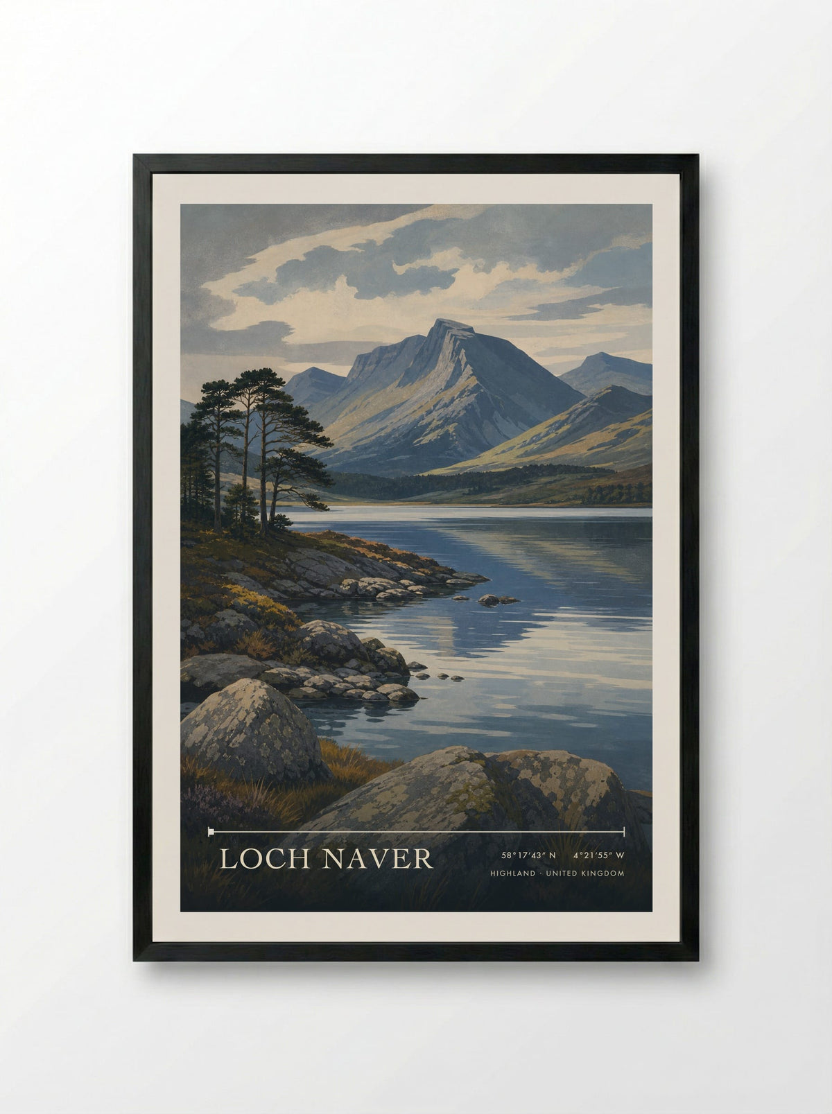 Loch Naver Highland United Kingdom Travel Poster - Framed Print Black