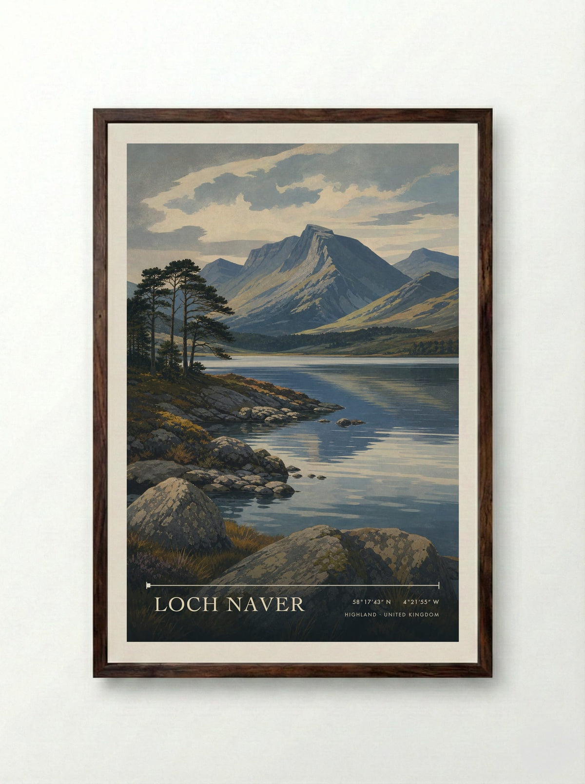 Loch Naver Highland United Kingdom Travel Poster - Framed Print Dark Wood