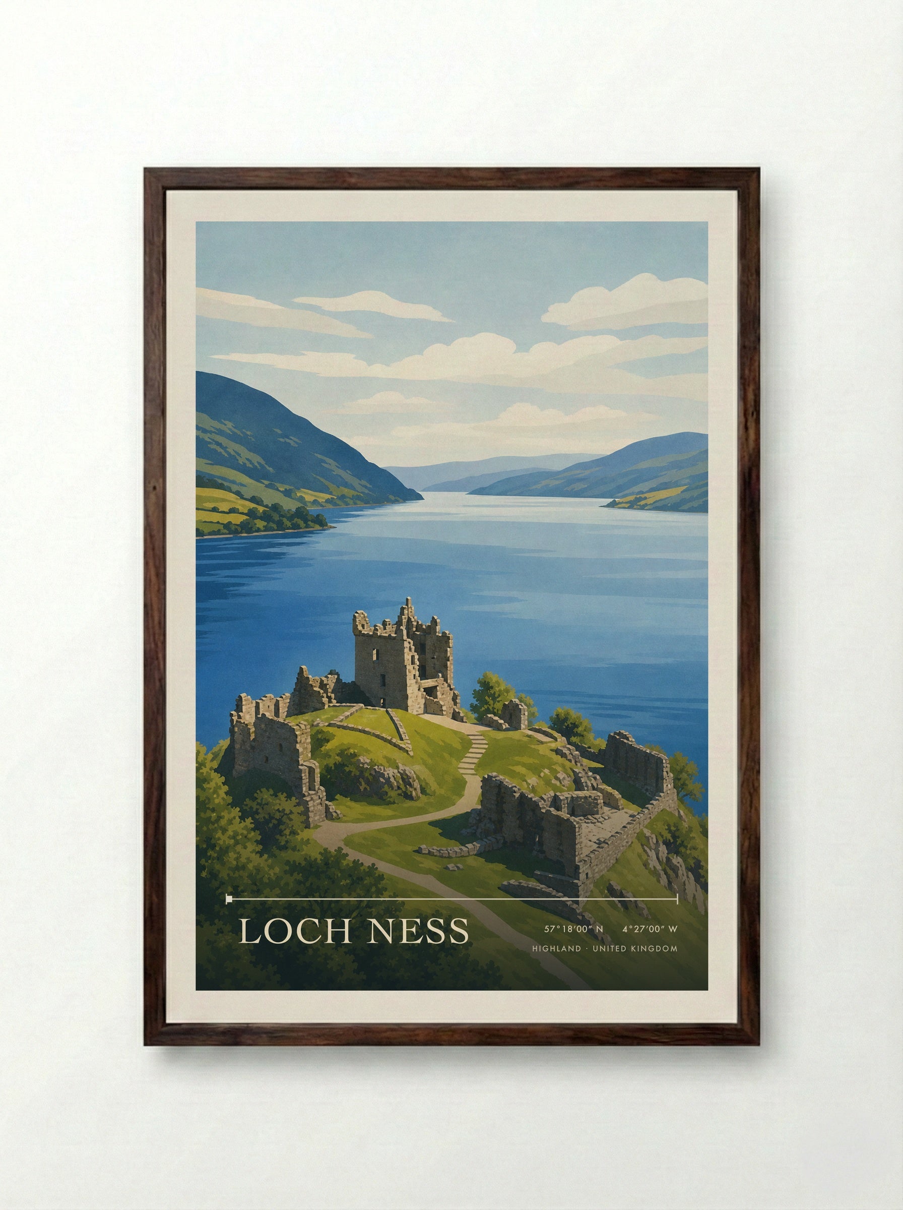 Loch Ness Highland United Kingdom Travel Poster - Framed Print Dark Wood