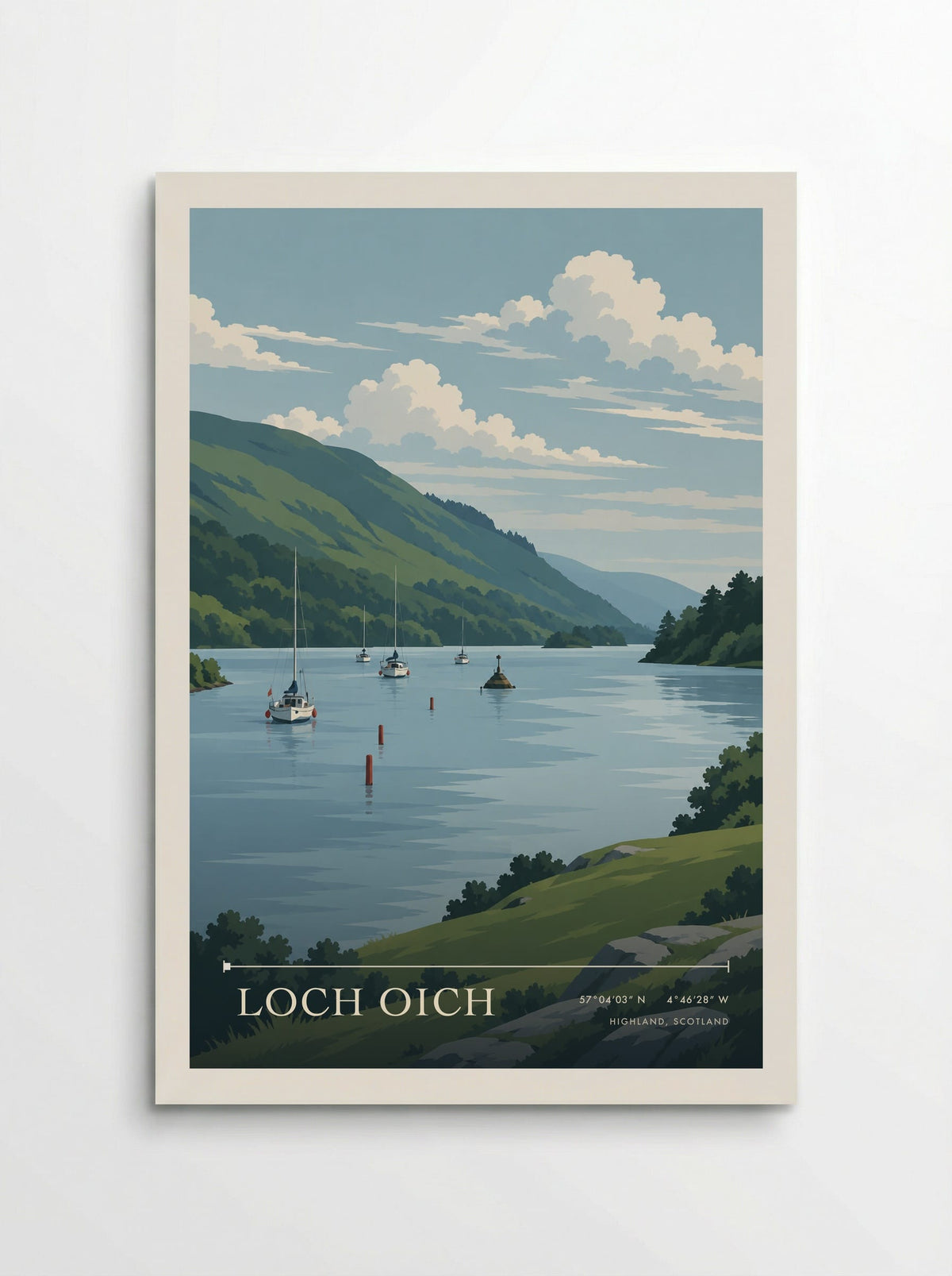 Loch Oich, Highland, travel poster: white sailing boats, soft blue reflections and wooded islands below green hills in summer light
