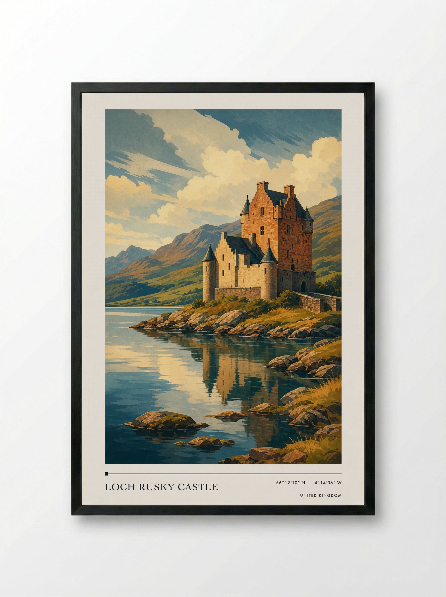 Loch Rusky Castle United Kingdom Travel Poster - Framed Print Black