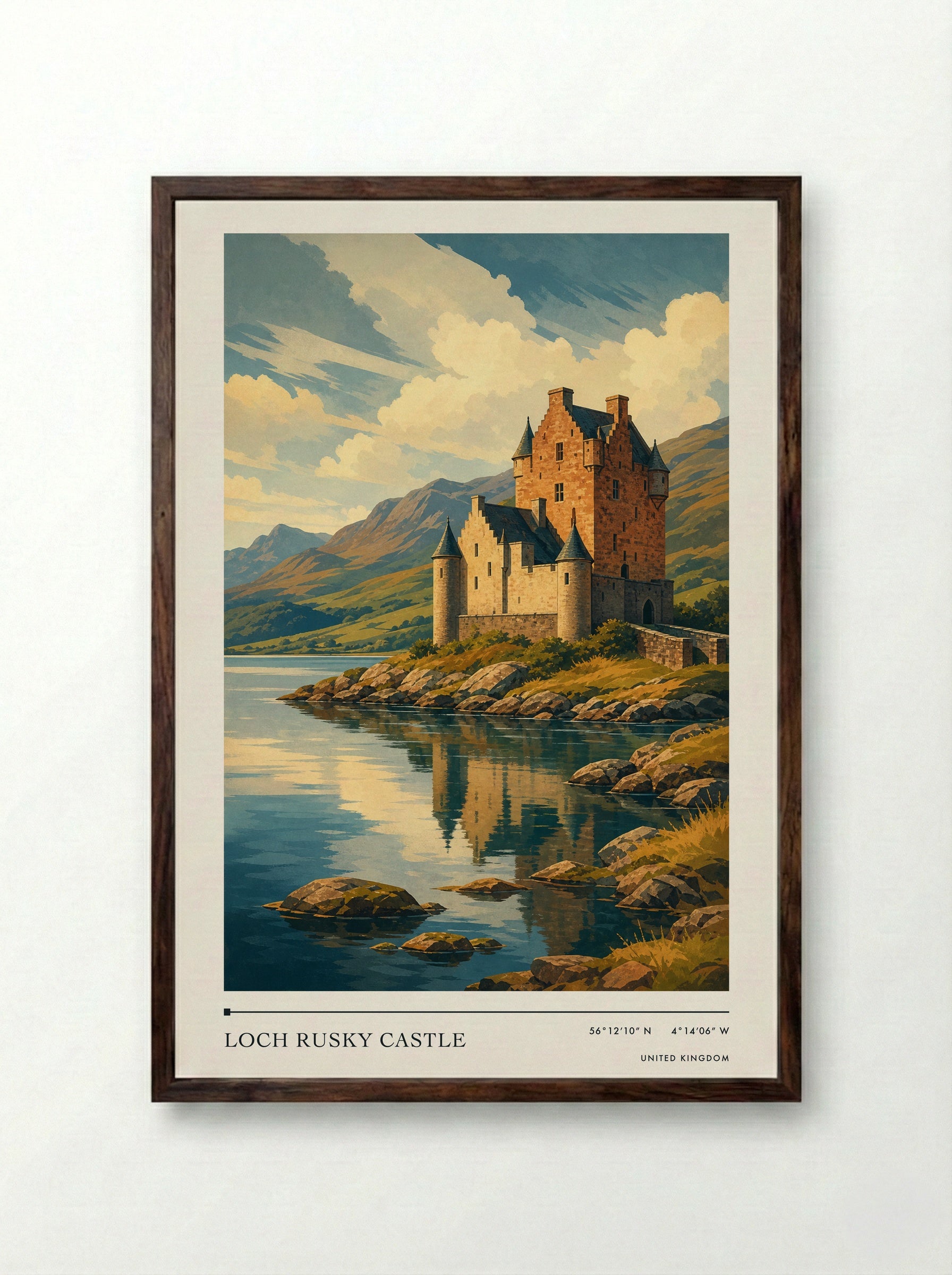 Loch Rusky Castle United Kingdom Travel Poster - Framed Print Dark Wood