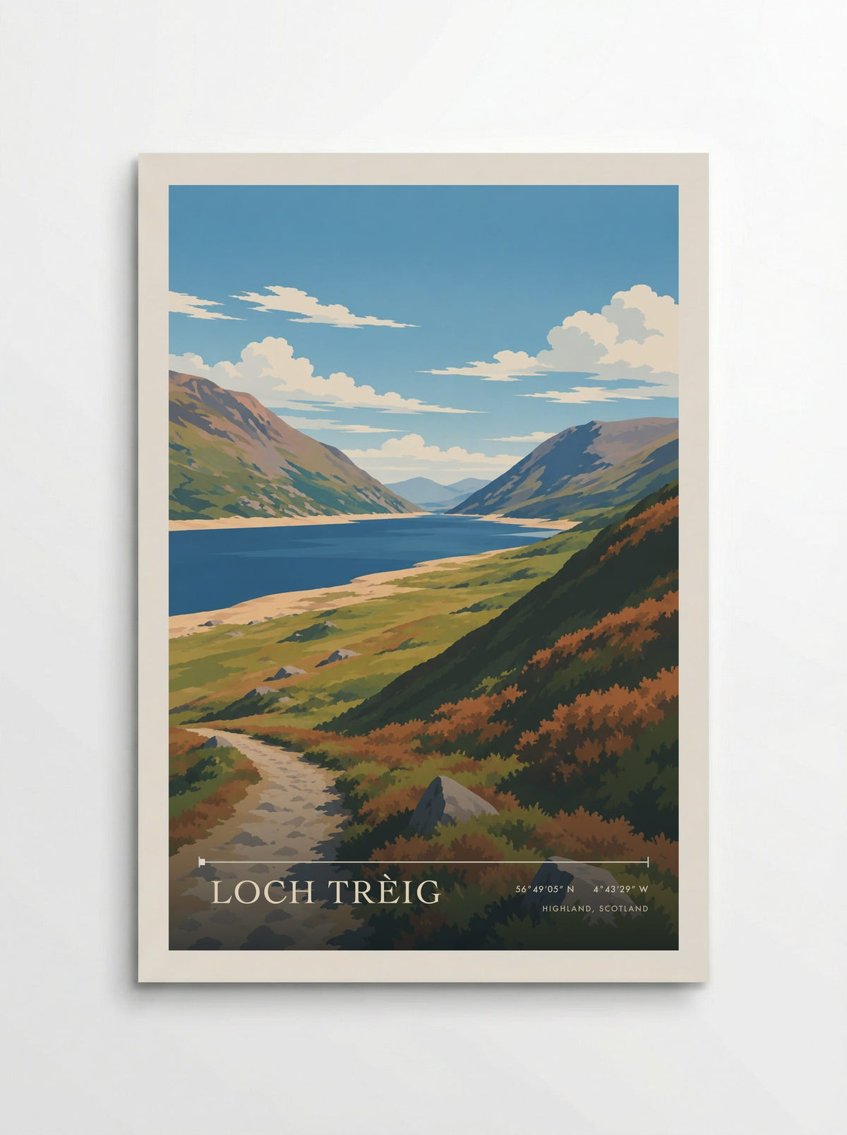 Loch Trèig, Highland, travel poster: deep blue water, pale exposed shores and a stony path through rusty heather between steep mountain slopes
