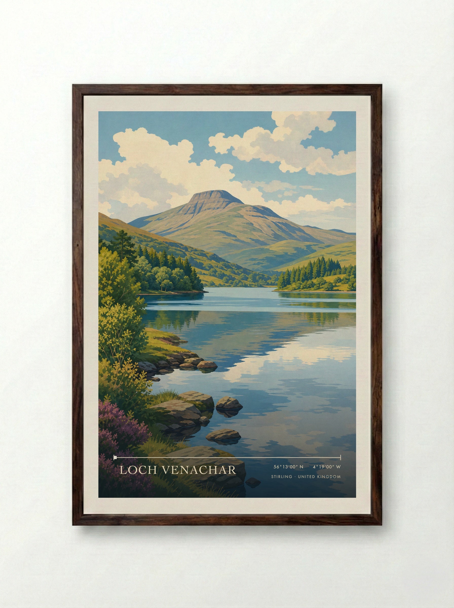 Loch Venachar Stirling United Kingdom Travel Poster - Framed Print Dark Wood