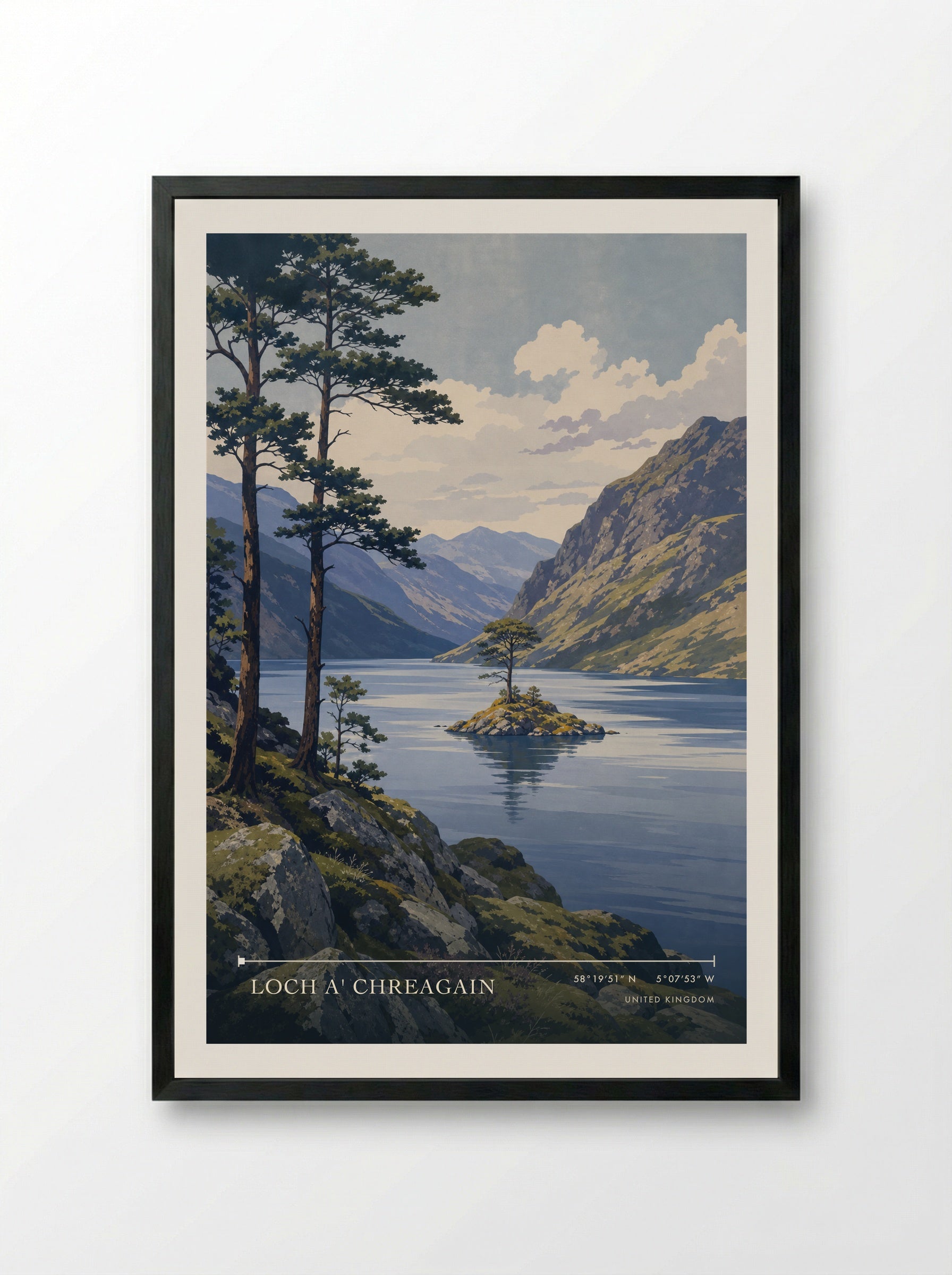 Loch a' Chreagain United Kingdom Travel Poster - Framed Print Black