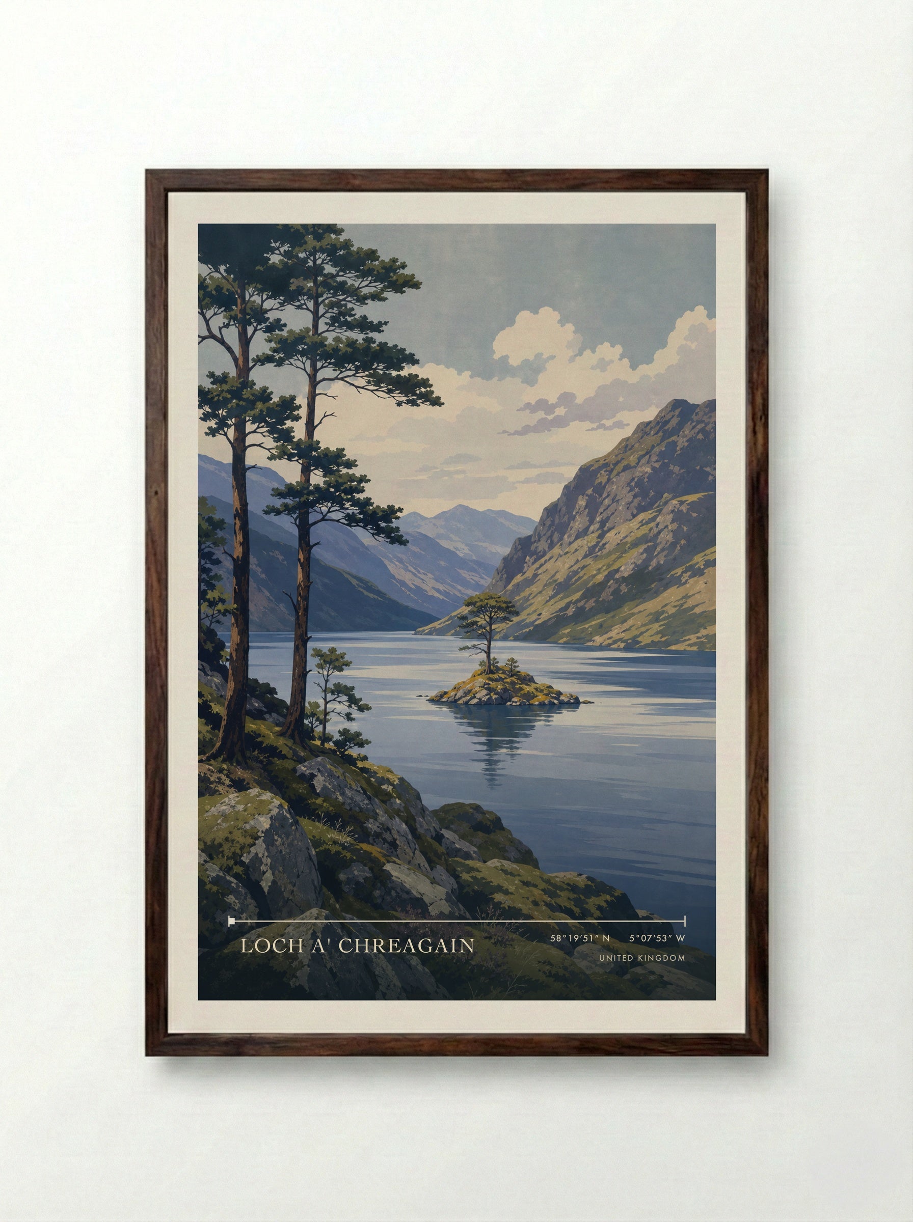 Loch a' Chreagain United Kingdom Travel Poster - Framed Print Dark Wood