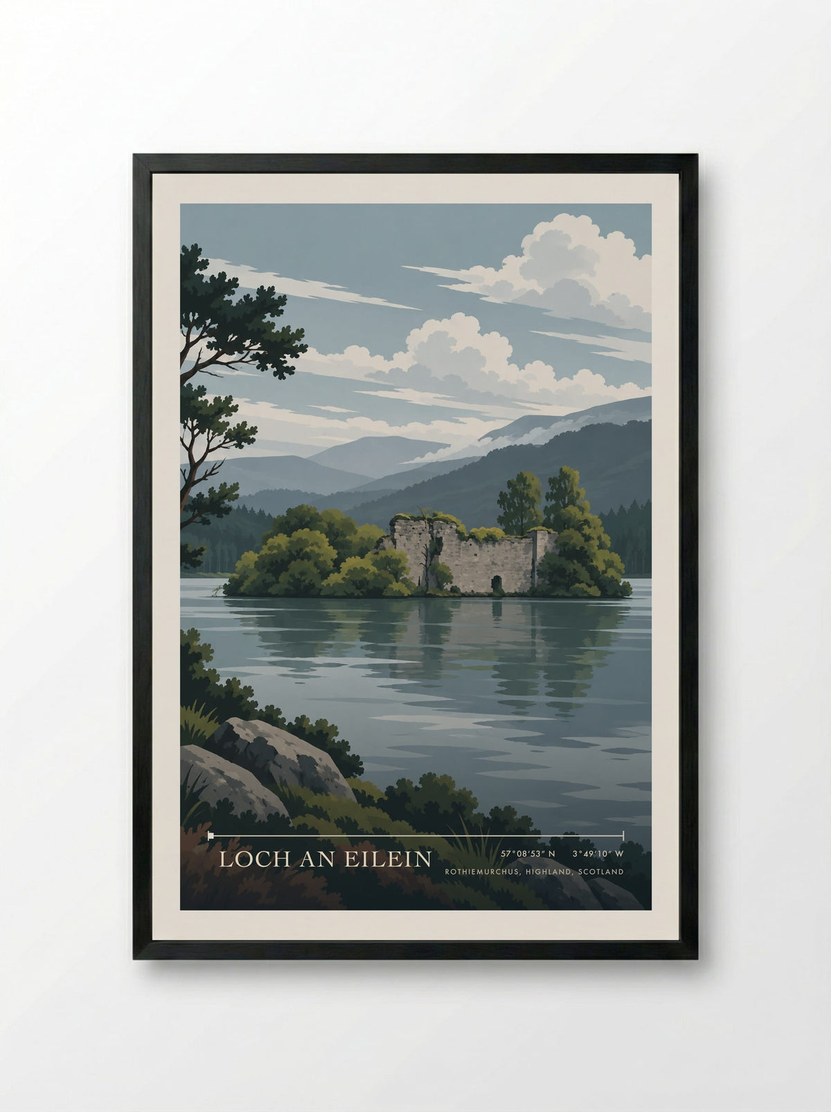 Loch an Eilein, Rothiemurchus, Highland, Scotland | Travel Poster - Framed Print Black