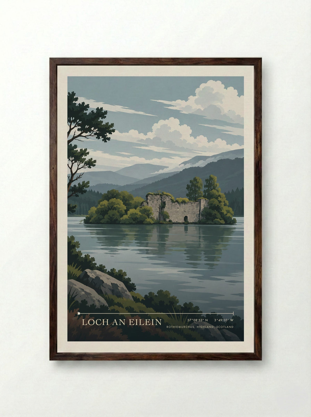 Loch an Eilein, Rothiemurchus, Highland, Scotland | Travel Poster - Framed Print Dark Wood