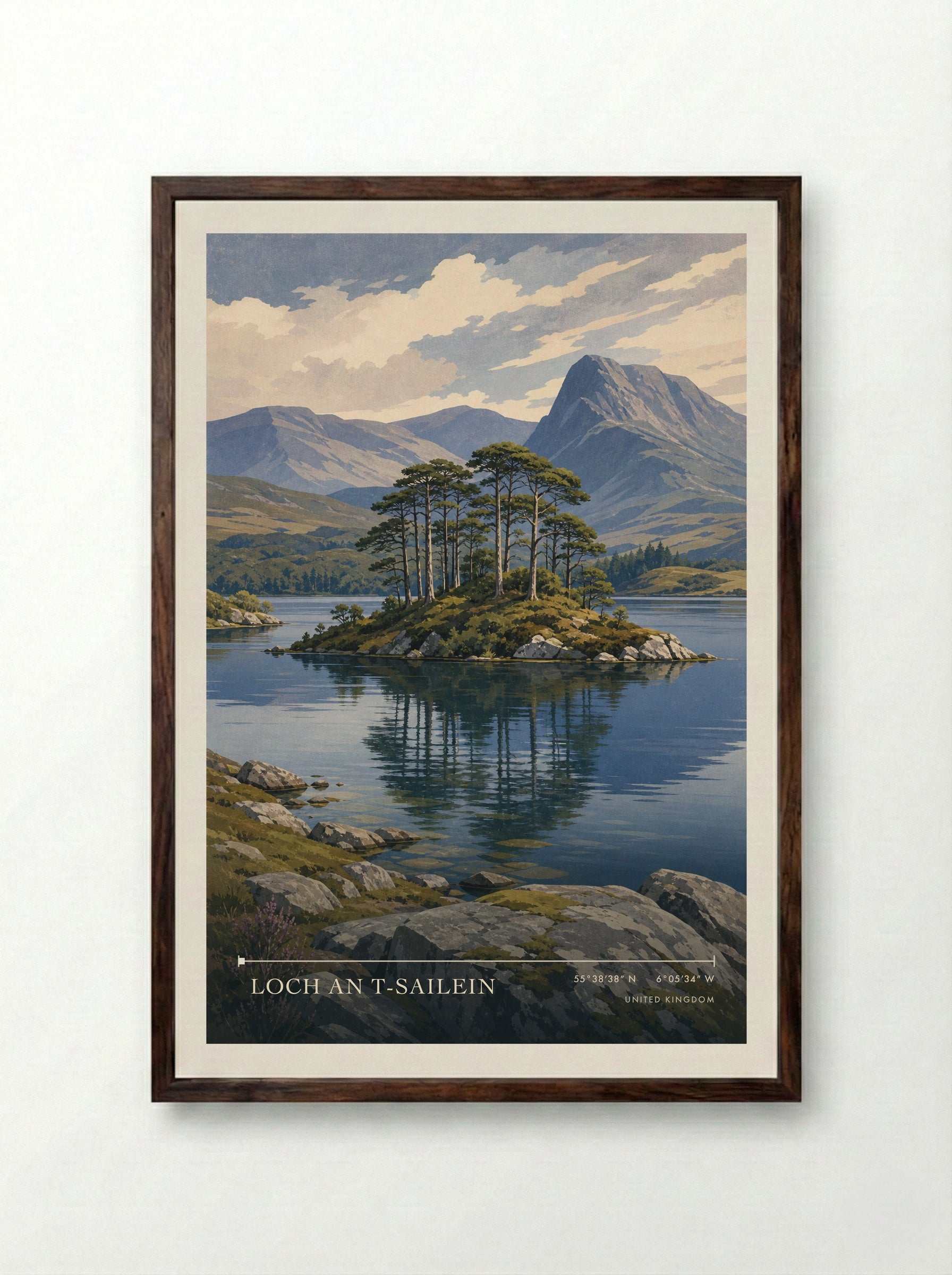 Loch an t-Sailein United Kingdom Travel Poster - Framed Print Dark Wood