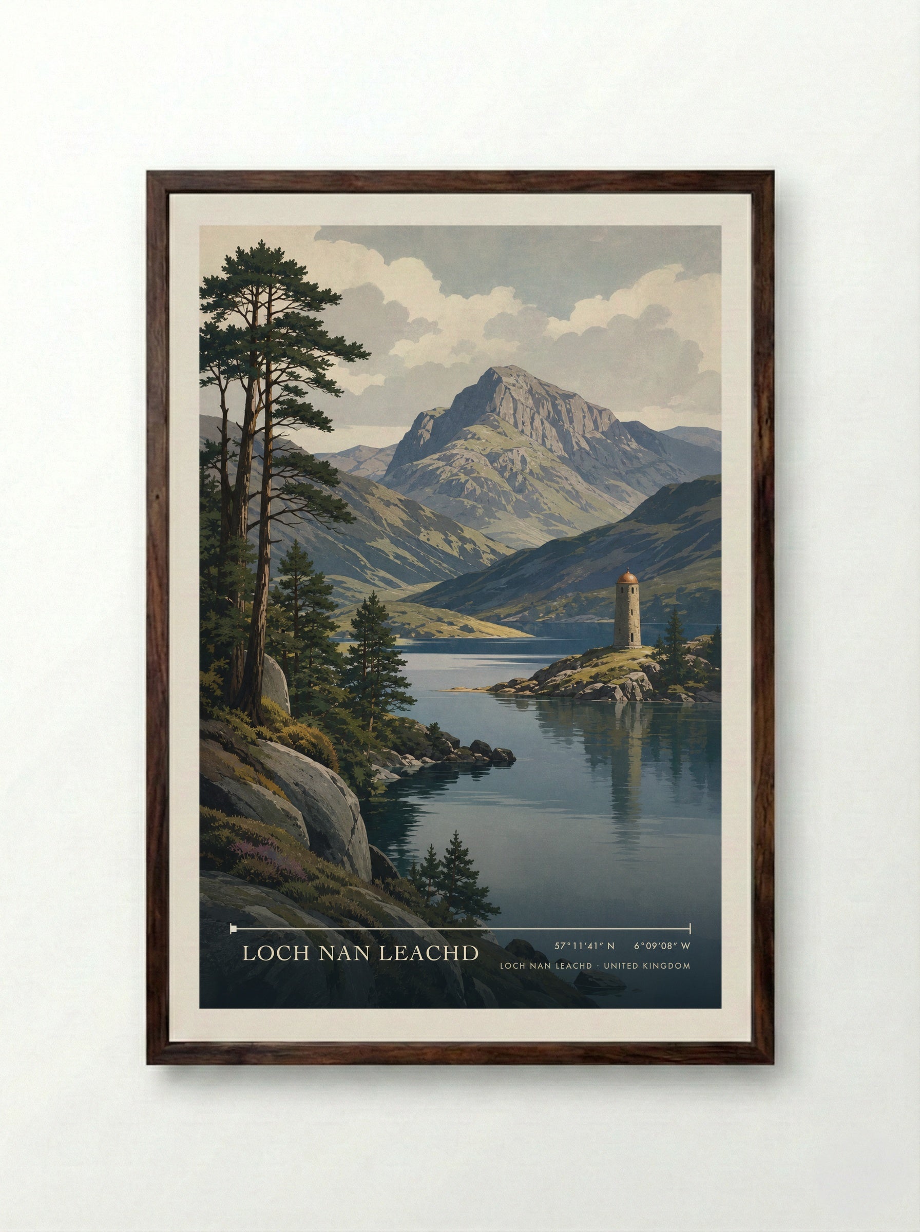 Loch nan Leachd United Kingdom Travel Poster - Framed Print Dark Wood