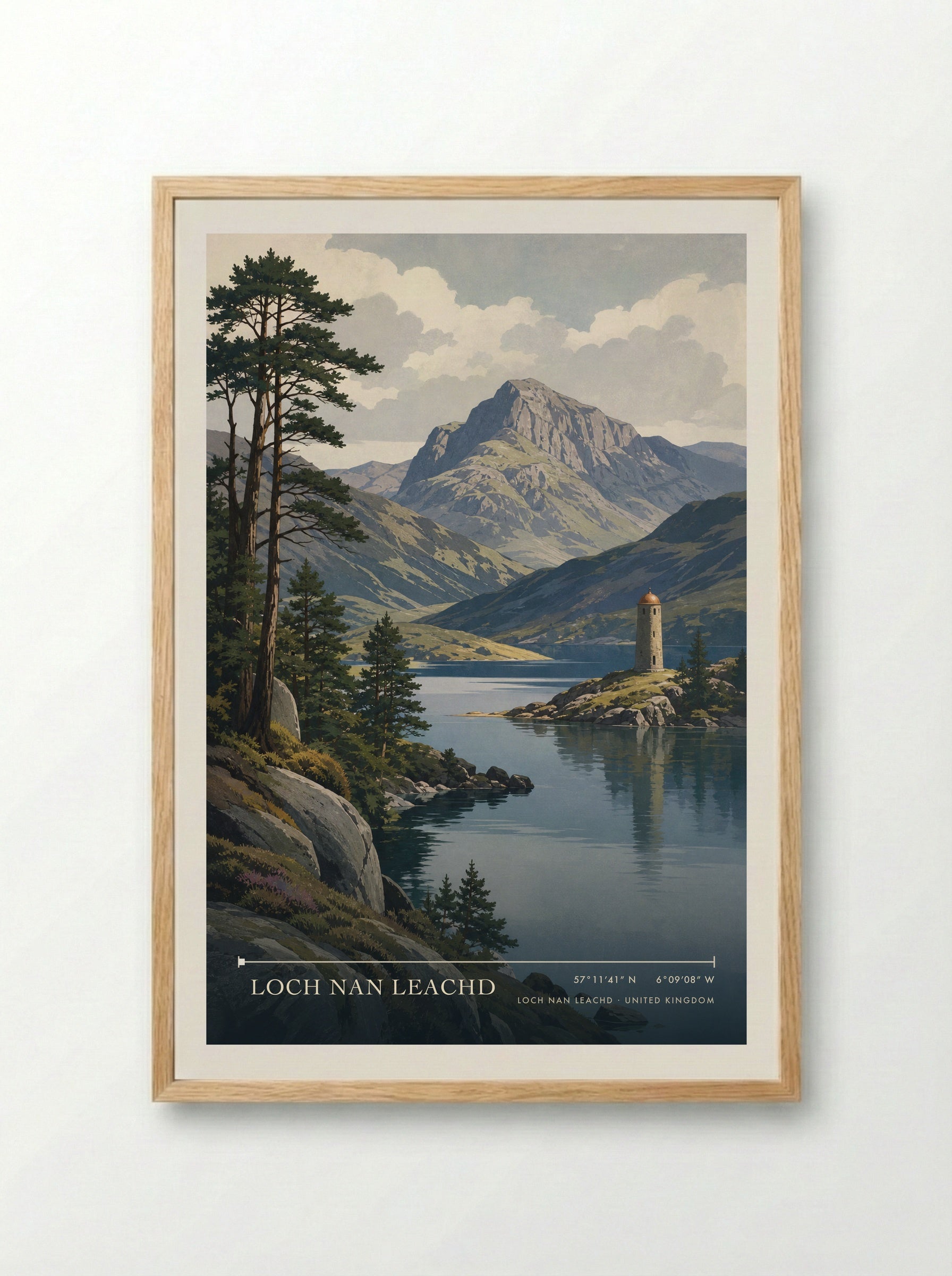 Loch nan Leachd United Kingdom Travel Poster - Framed Print Wood