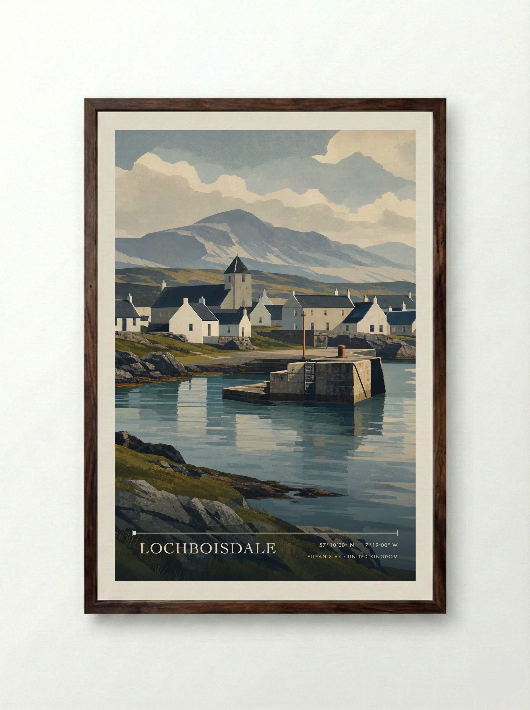 Lochboisdale Eilean Siar United Kingdom Travel Poster - Framed Print Dark Wood