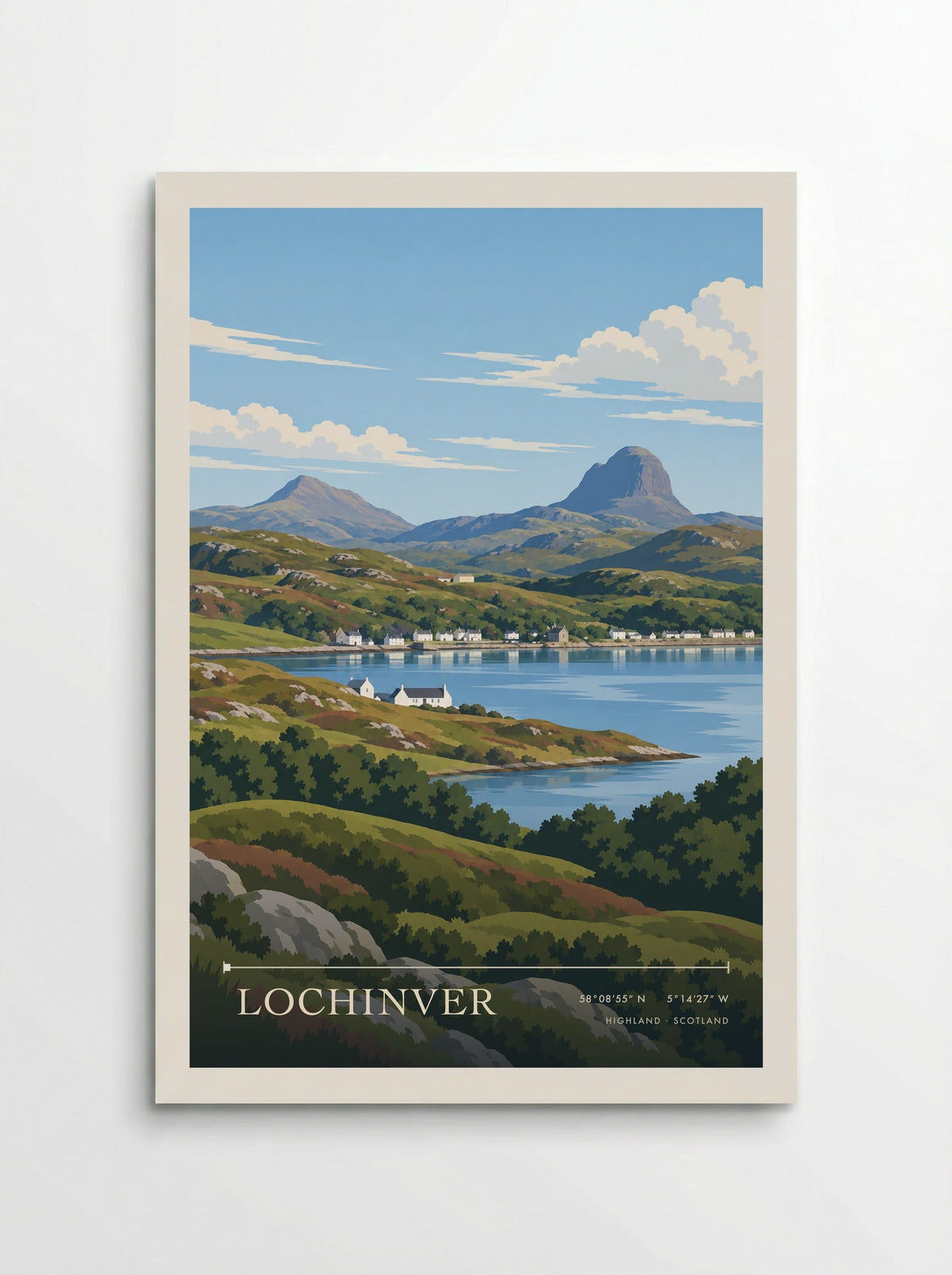 Lochinver, Highland travel poster: white shore cottages, calm blue water and Suilven’s rounded mountain crown above heather covered summer rocks
