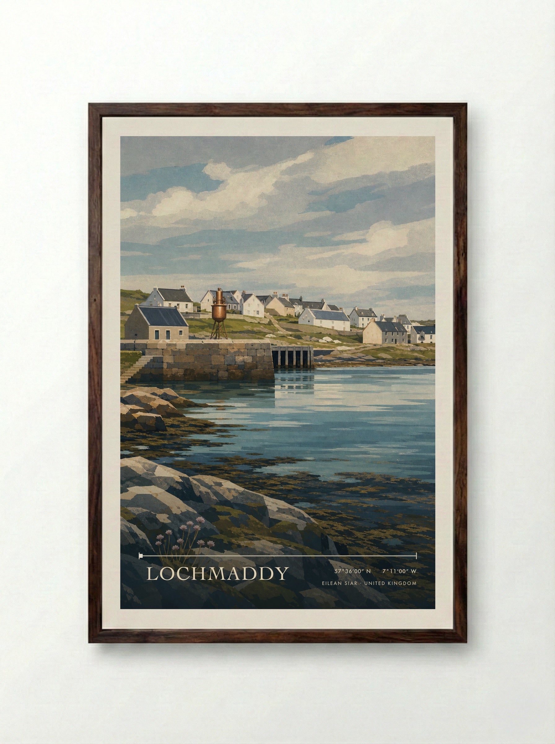 Lochmaddy Eilean Siar United Kingdom Travel Poster - Framed Print Dark Wood