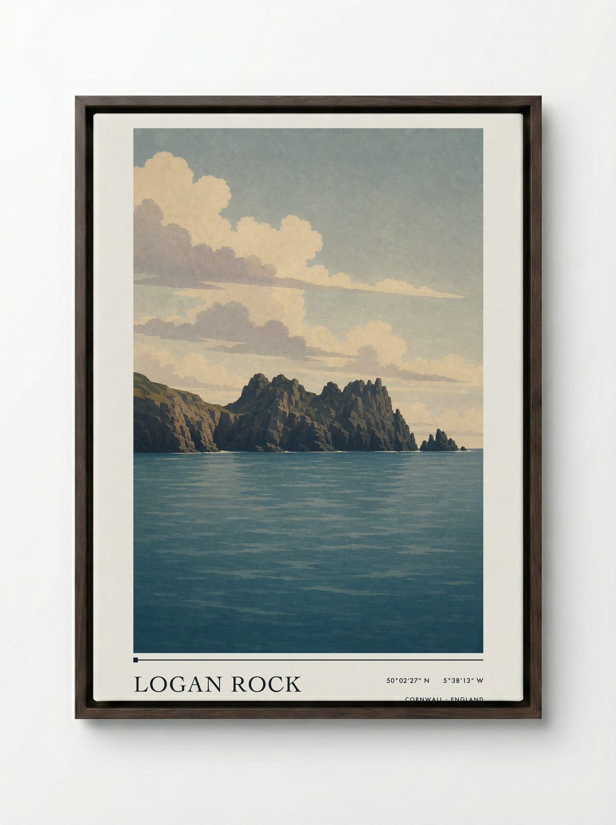 Logan Rock Cornwall England Travel Poster - Framed Canvas Dark Wood