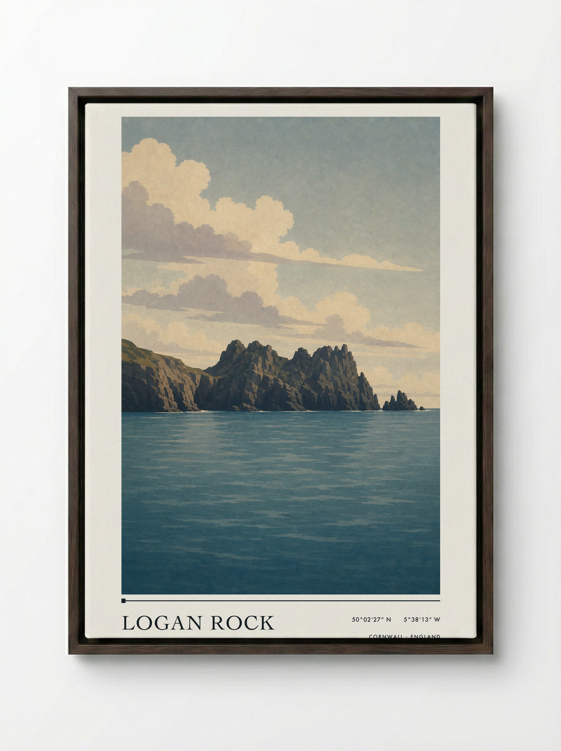 Logan Rock Cornwall England Travel Poster - Framed Canvas Dark Wood