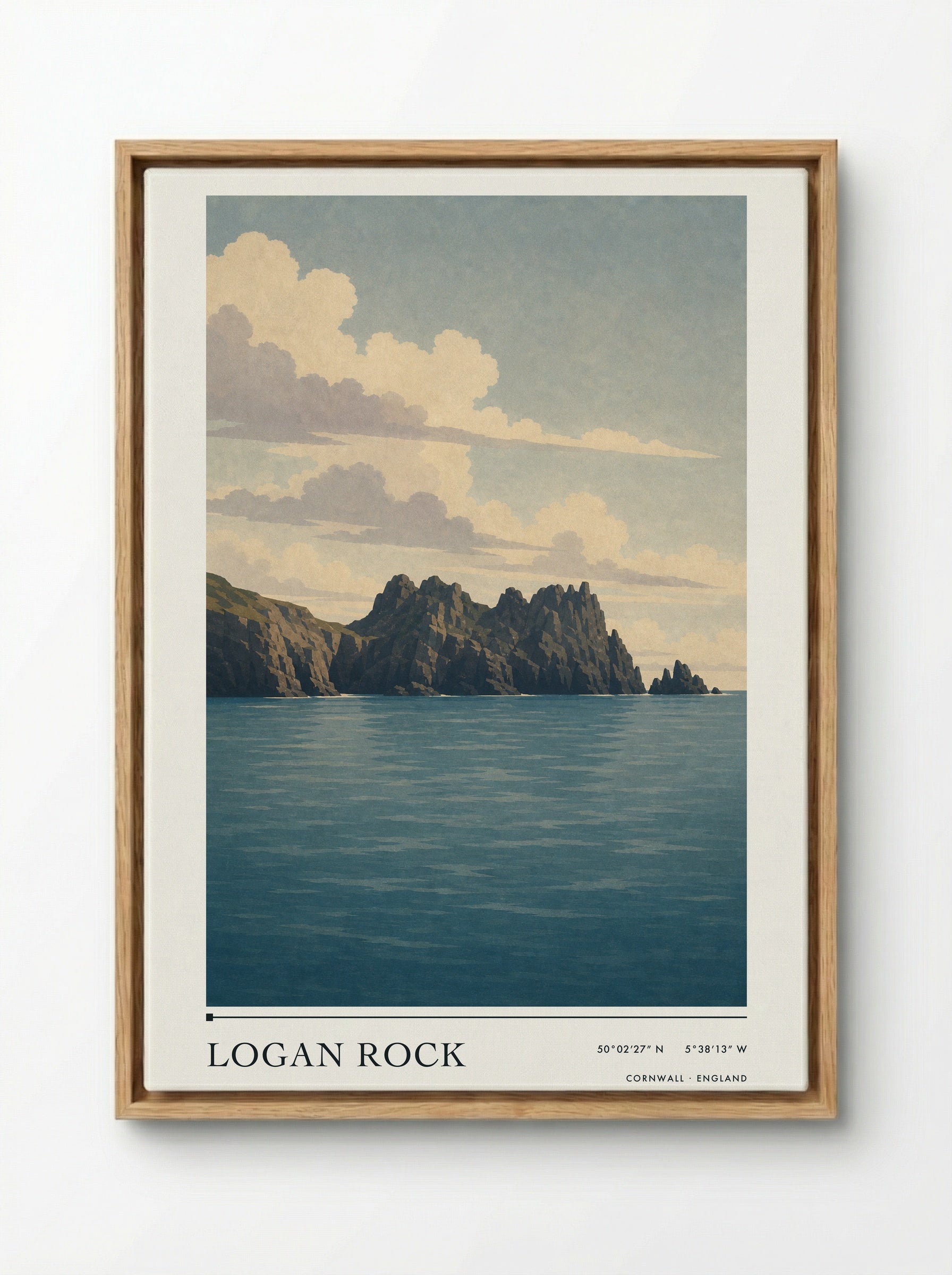 Logan Rock Cornwall England Travel Poster - Framed Canvas Wood