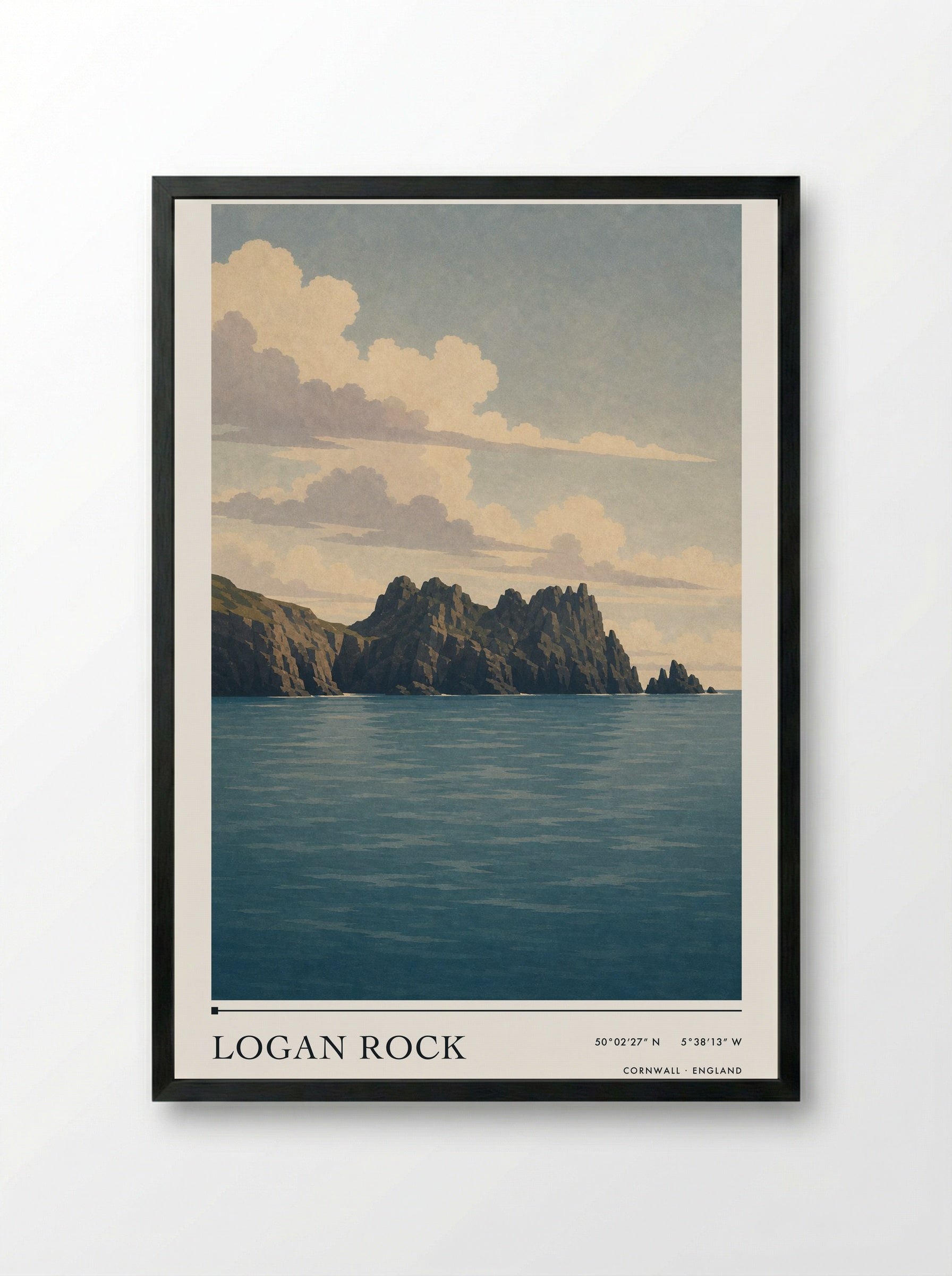 Logan Rock Cornwall England Travel Poster - Framed Print Black