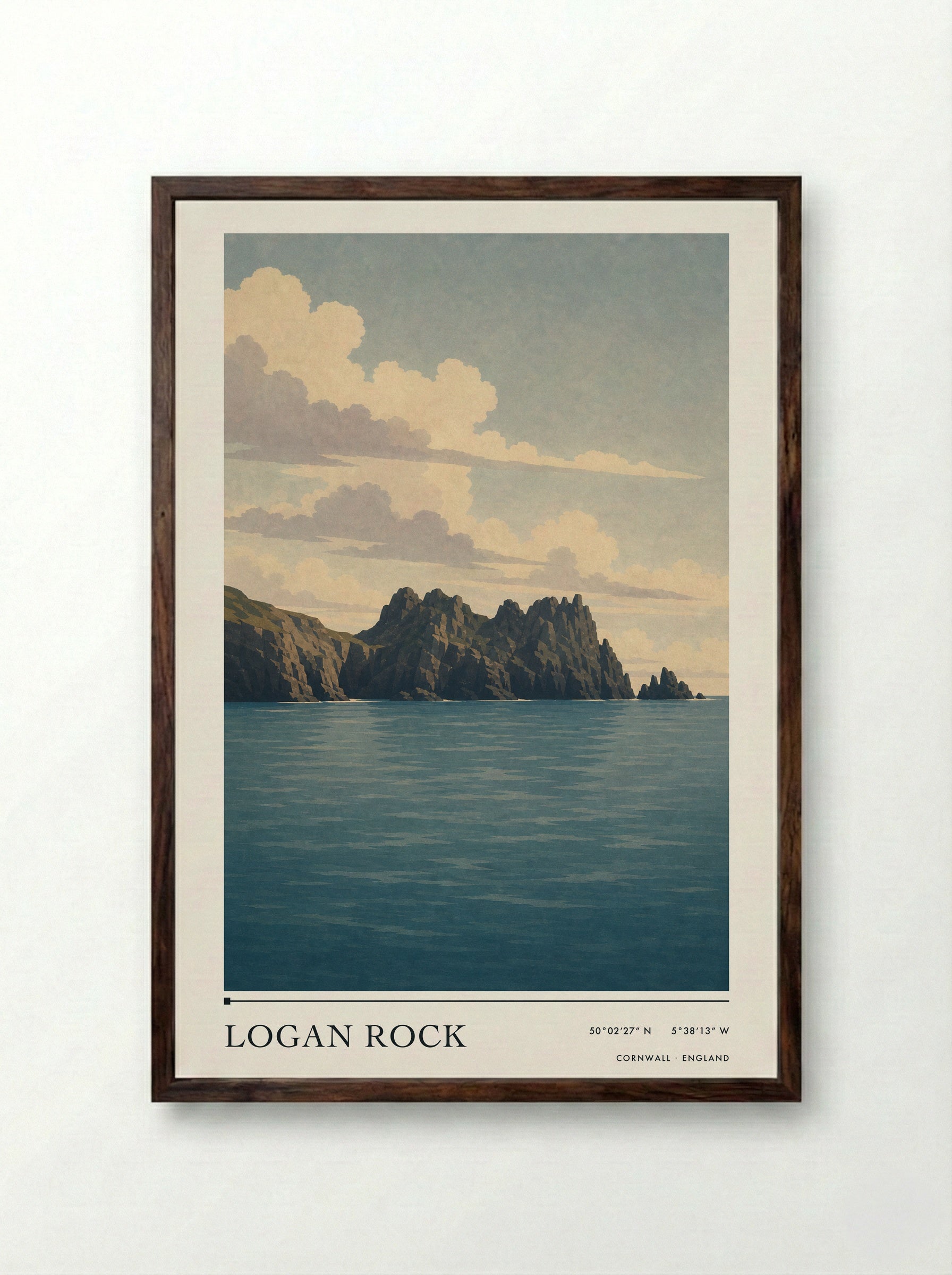 Logan Rock Cornwall England Travel Poster - Framed Print Dark Wood