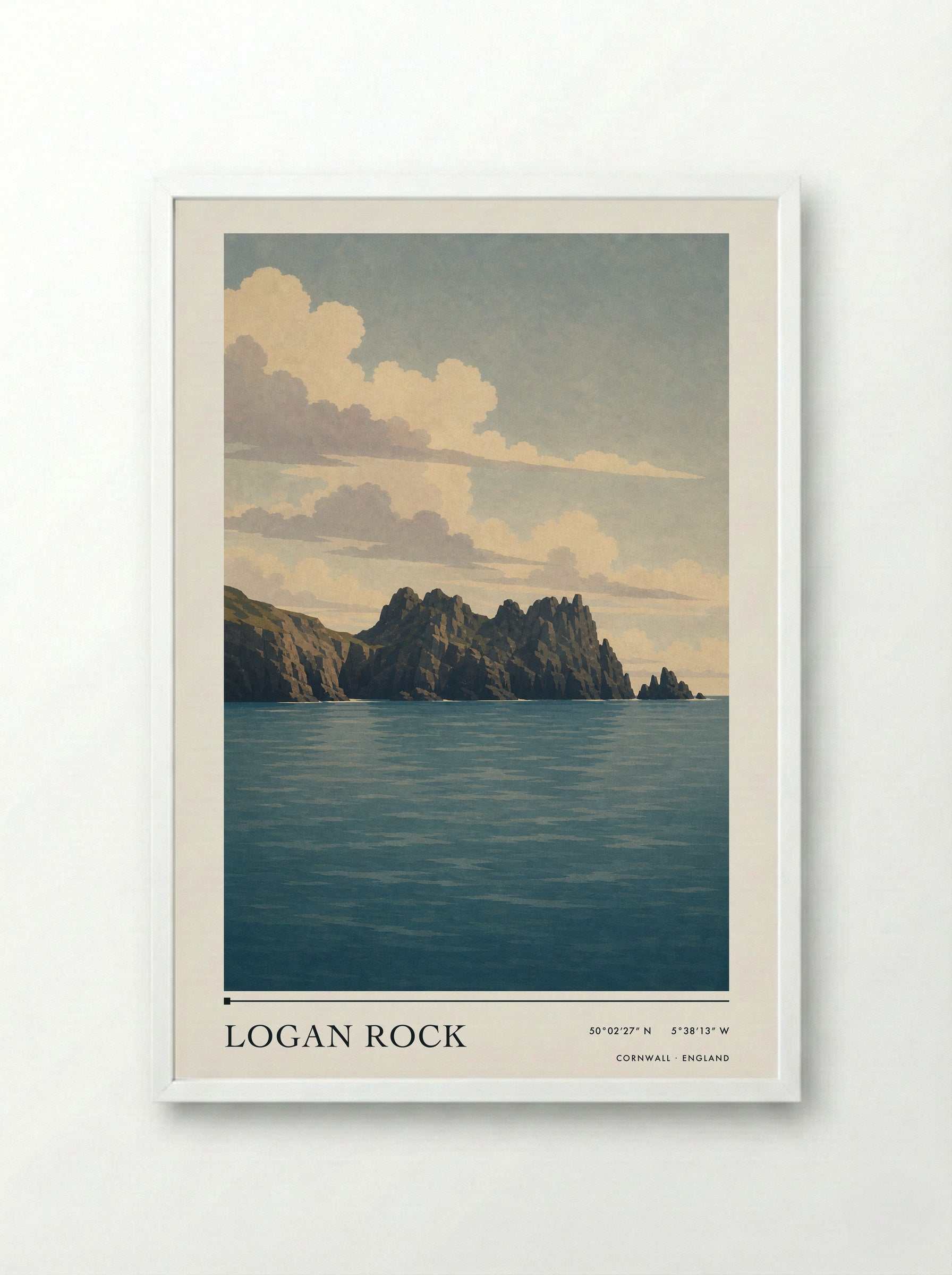Logan Rock Cornwall England Travel Poster - Framed Print White