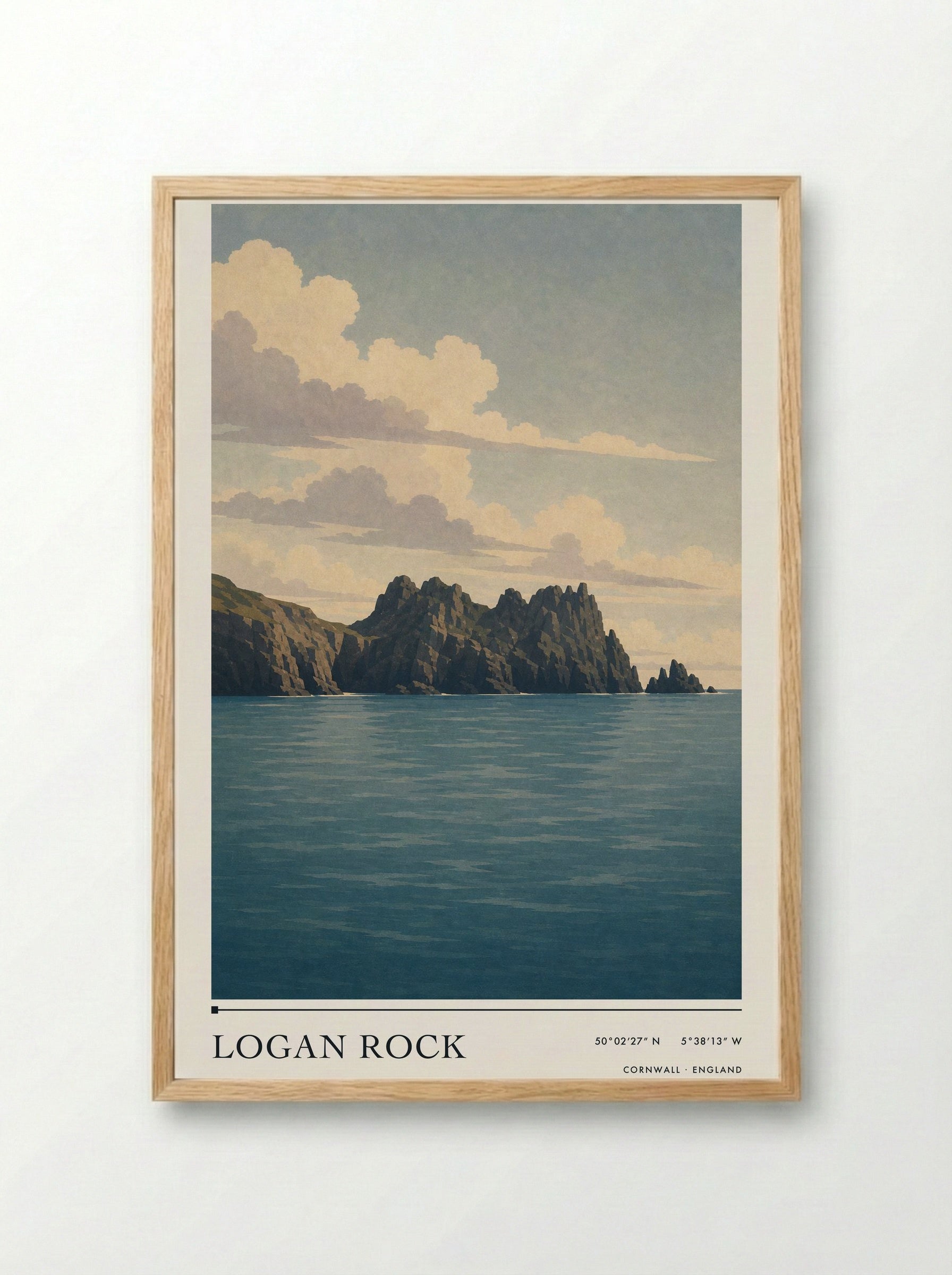 Logan Rock Cornwall England Travel Poster - Framed Print Wood