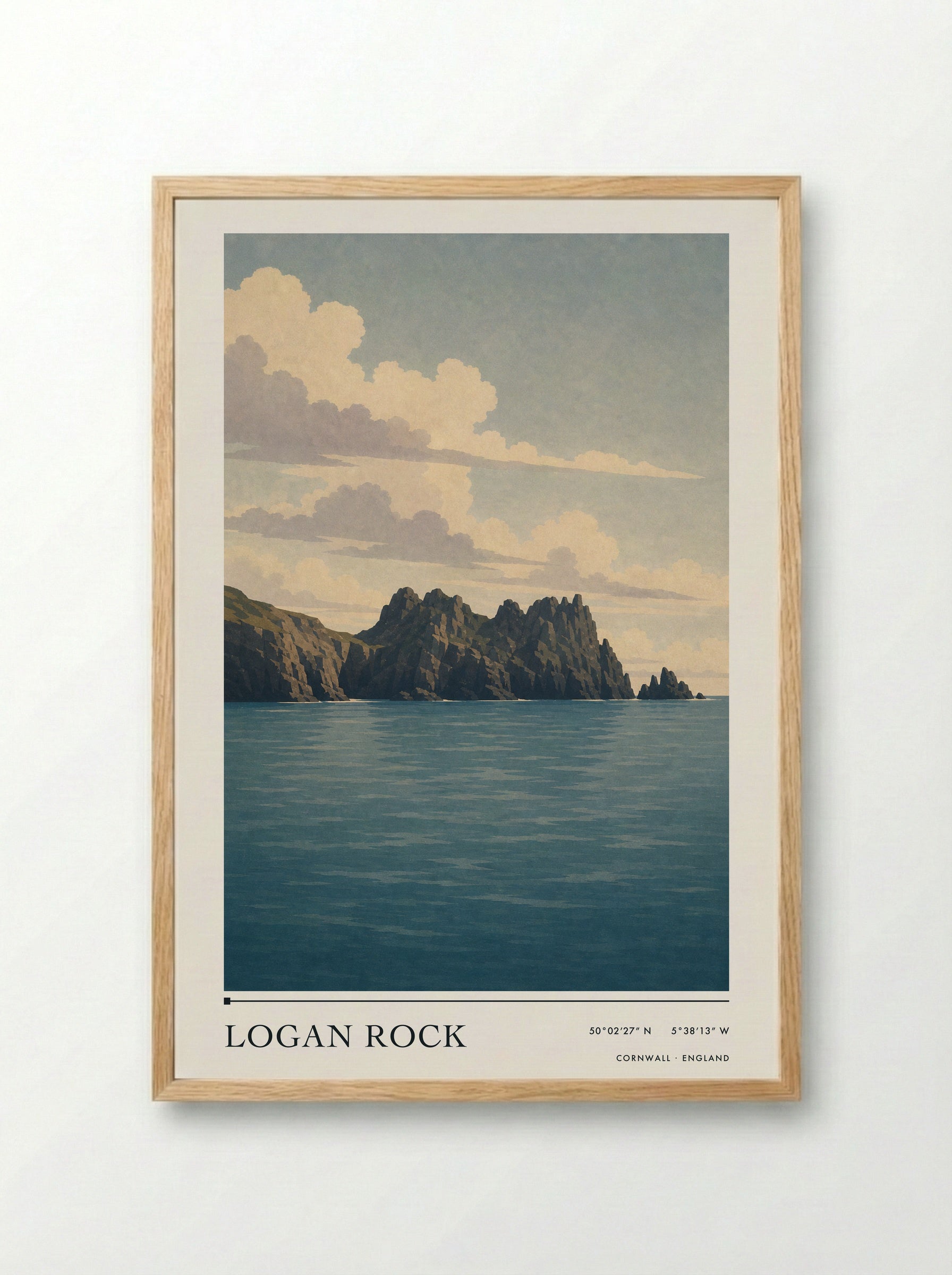 Logan Rock Cornwall England Travel Poster - Framed Print Wood