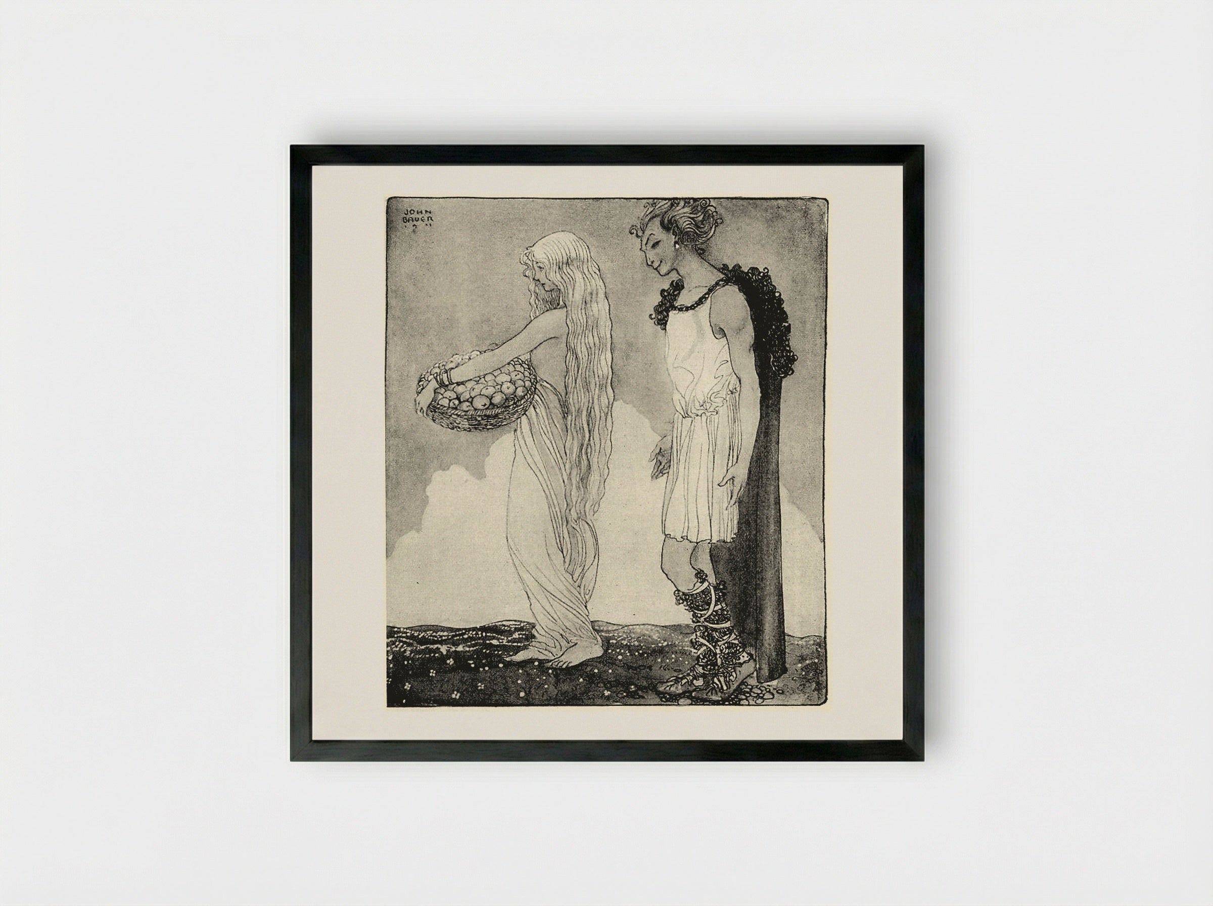 Loki and Idun - John Bauer - Framed Print Black