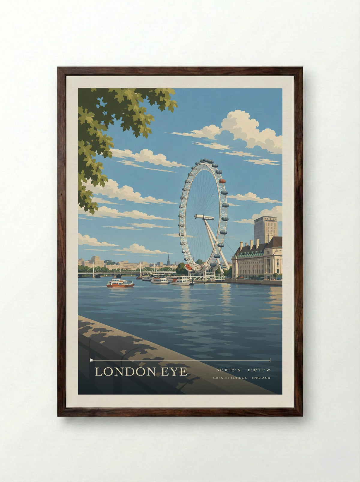 London Eye, Greater London | Travel Poster - Framed Print Dark Wood