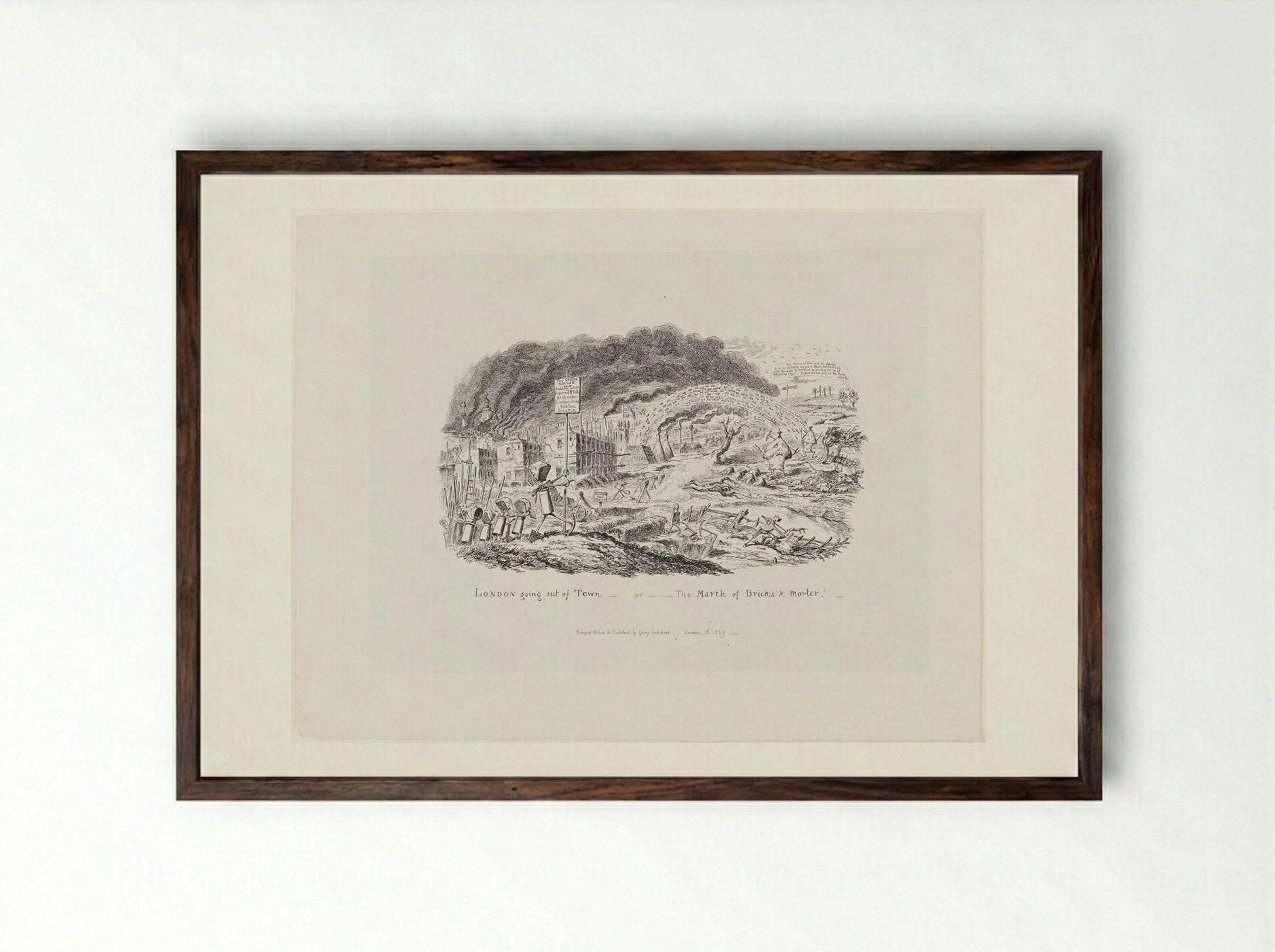 London Going Out of Town - or - The March of Bricks & Morter! - George Cruikshank - Framed Print Dark Wood