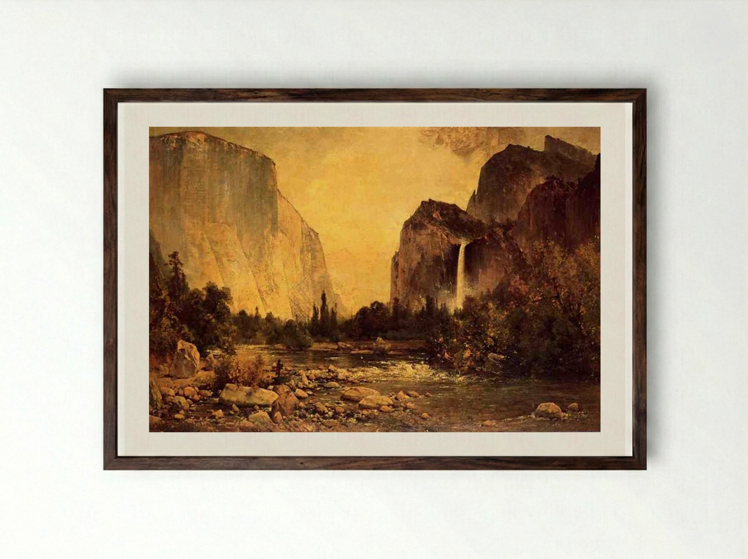 Lone Fisherman in Yosemite - Thomas Hill - Framed Print Dark Wood
