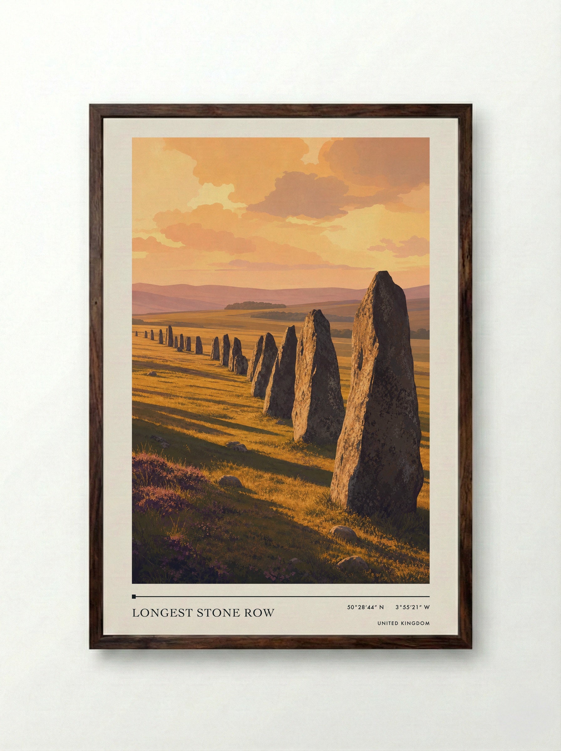 Longest stone row United Kingdom Travel Poster - Framed Print Dark Wood