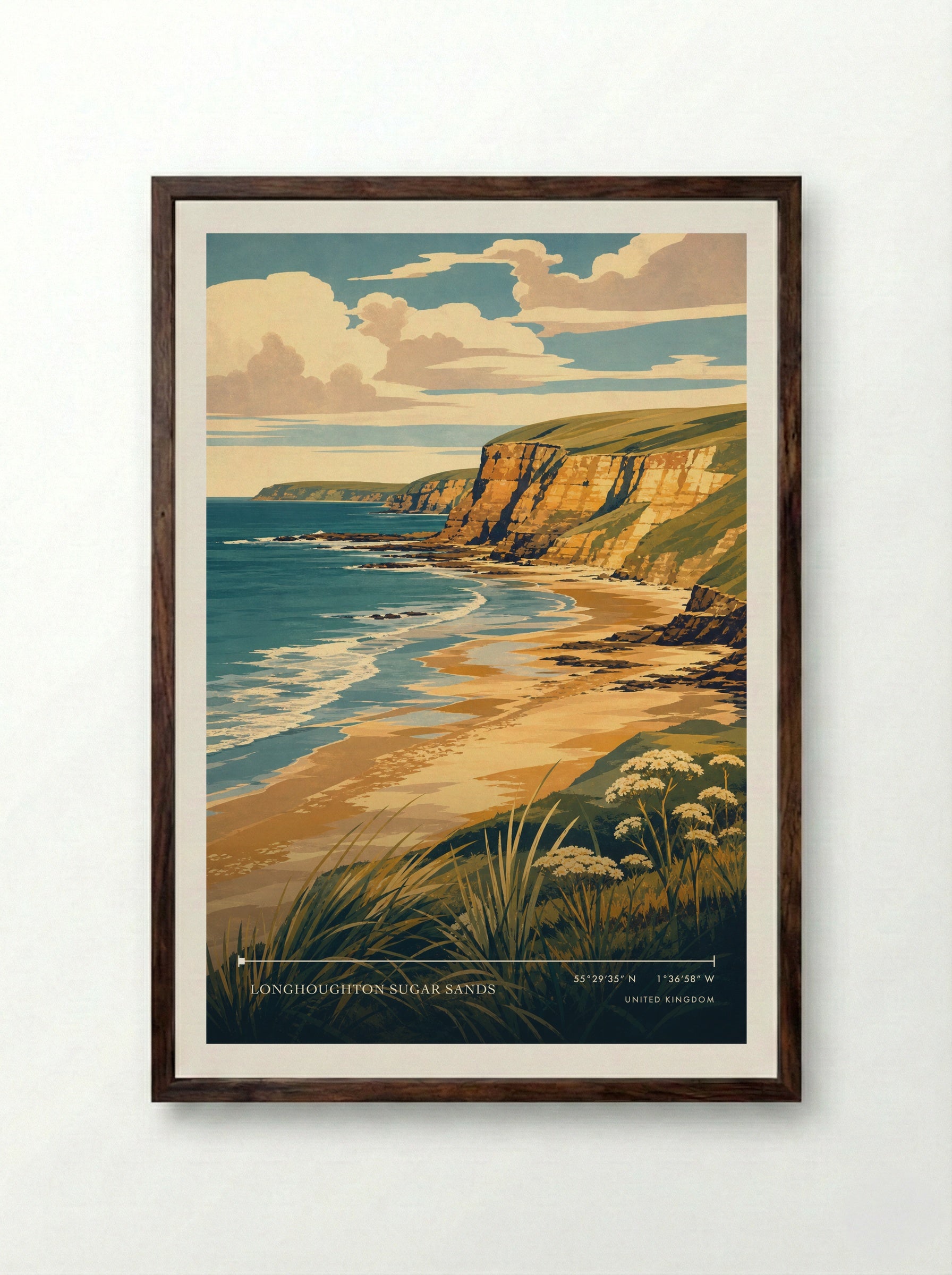 Longhoughton Sugar Sands United Kingdom Travel Poster - Framed Print Dark Wood