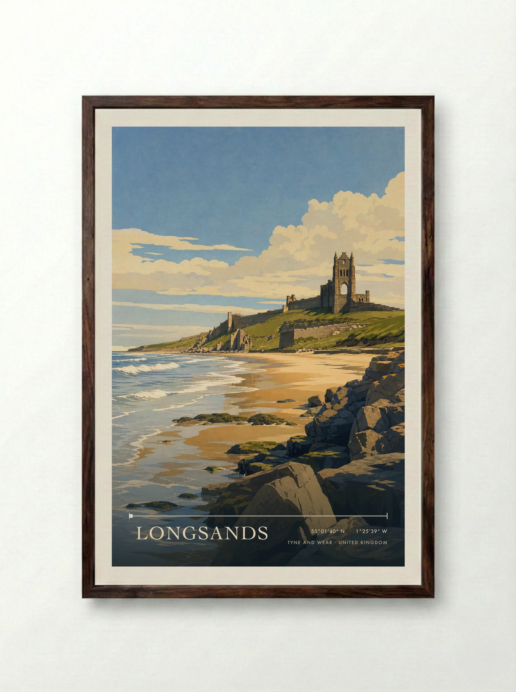 Longsands Tyne and Wear United Kingdom Travel Poster - Framed Print Dark Wood