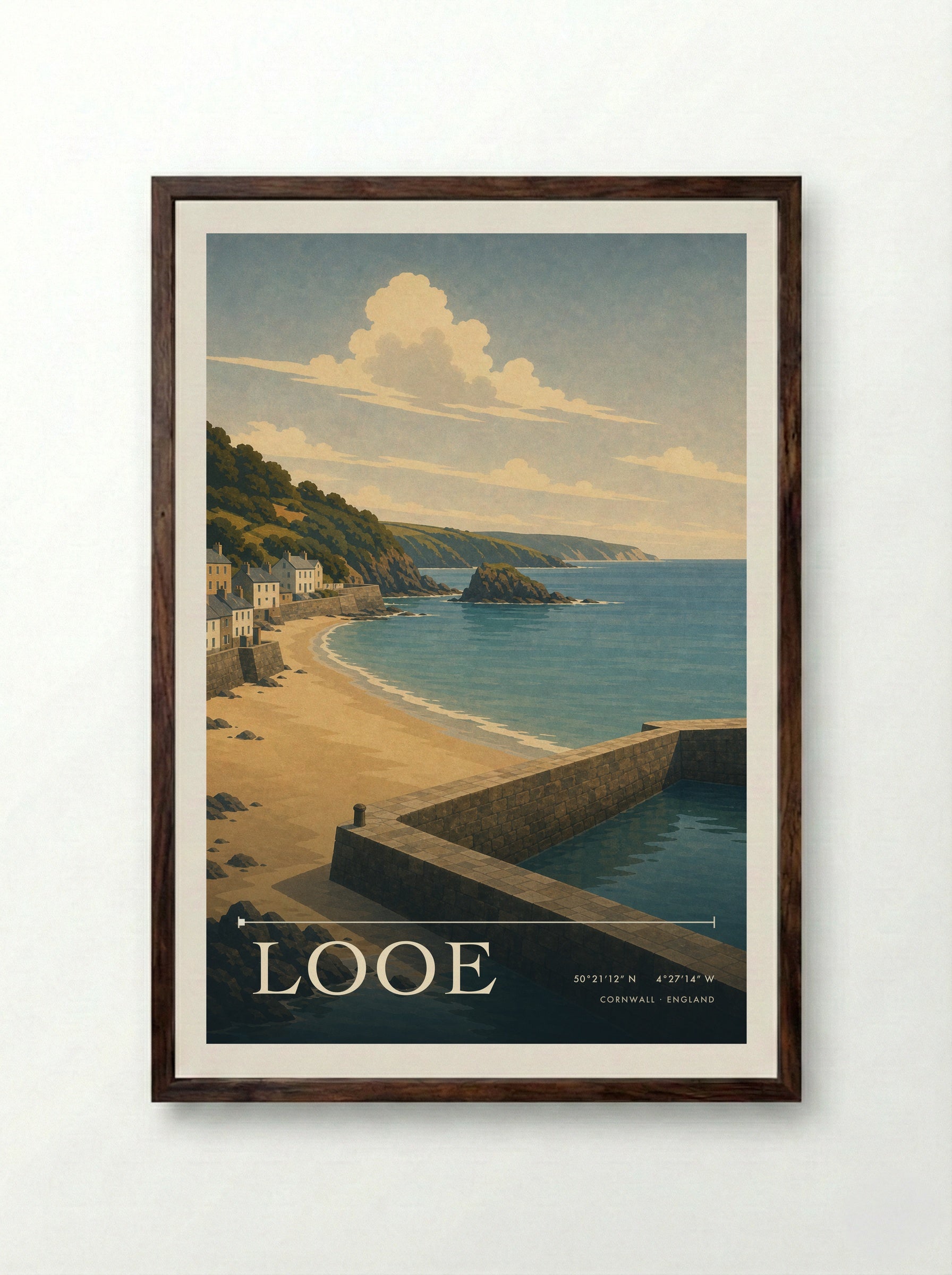 Looe Cornwall England Travel Poster - Framed Print Dark Wood