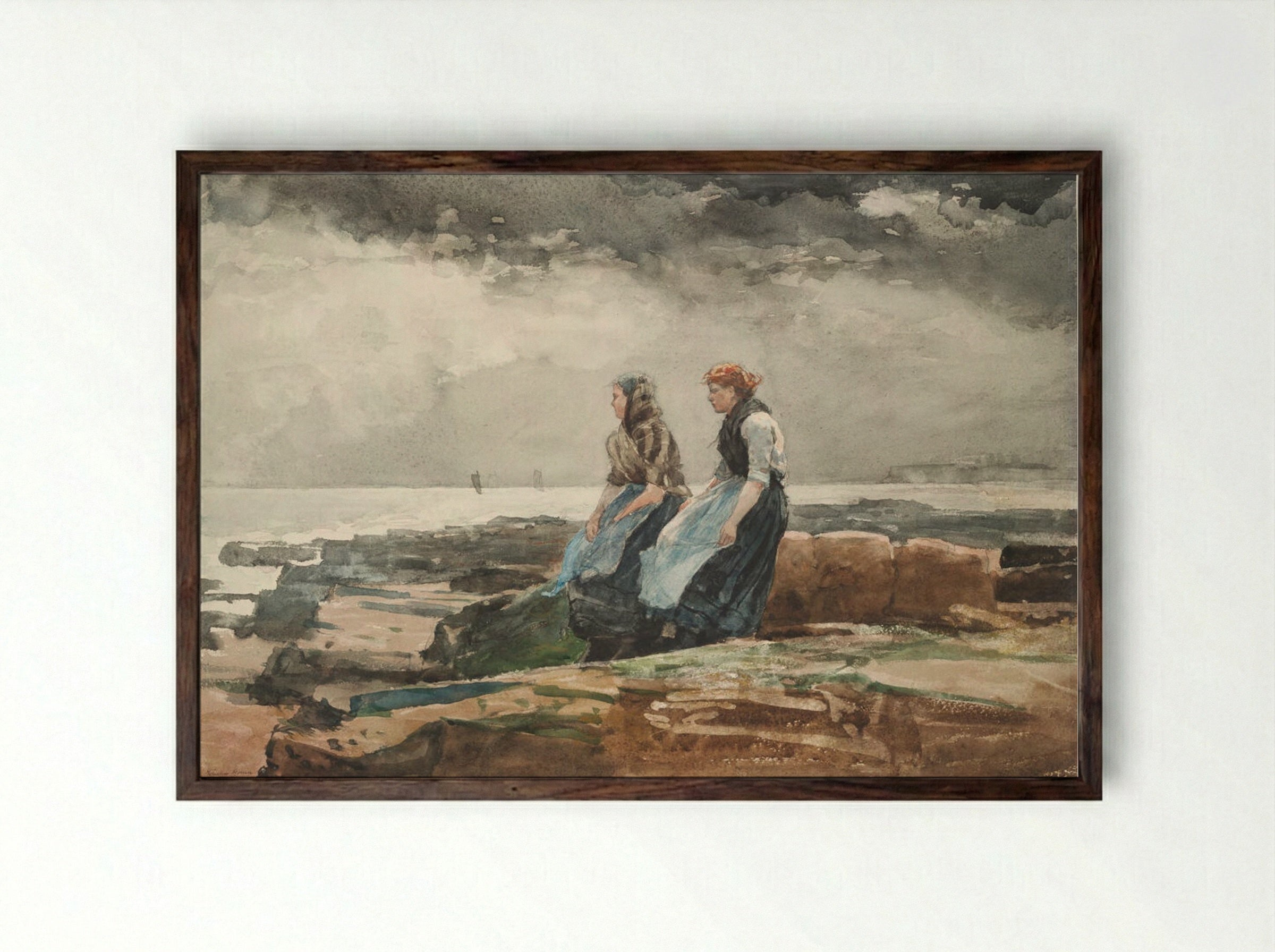Looking Out to Sea - Winslow Homer - Framed Print Dark Wood