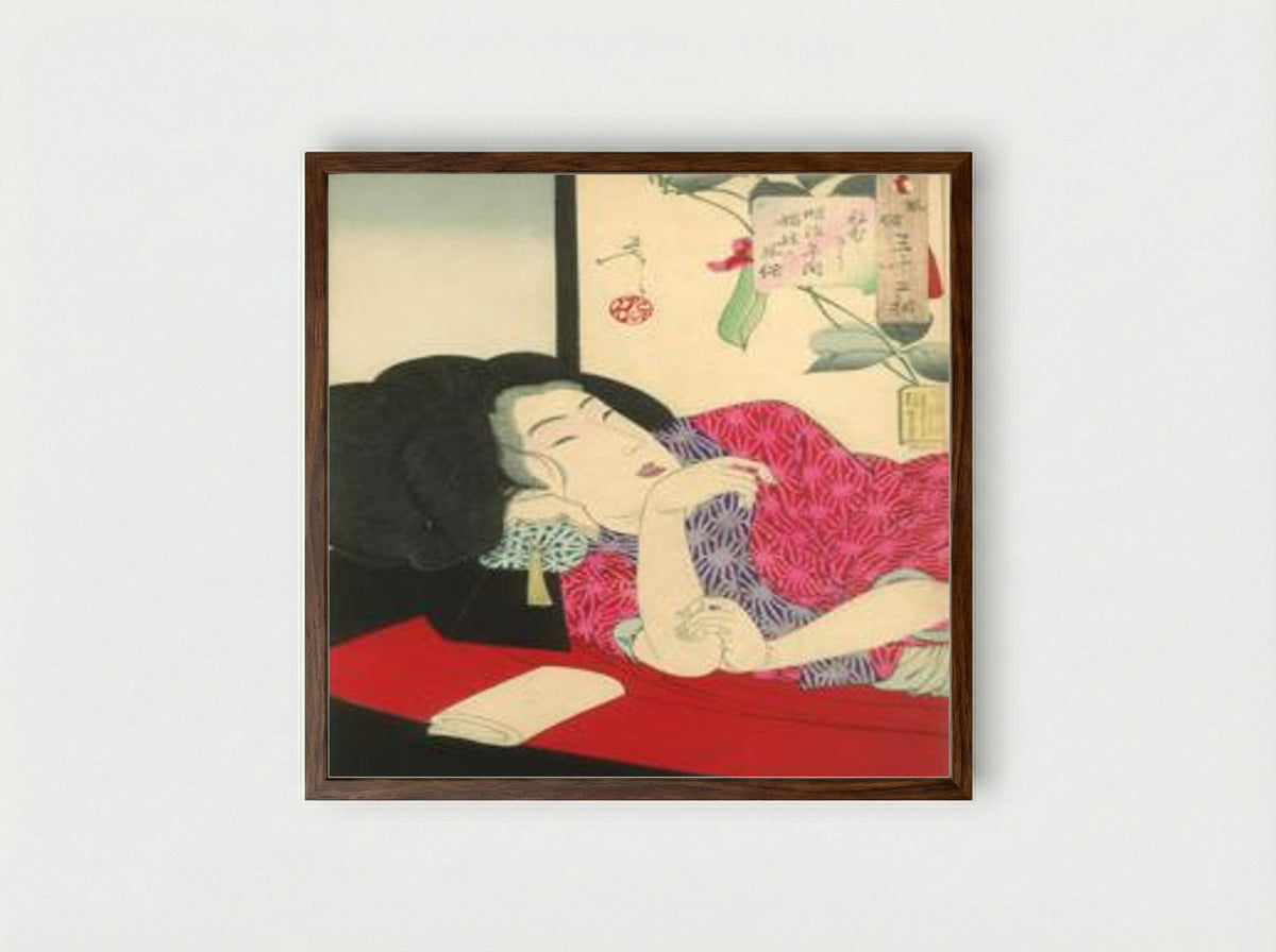 Looking Sleepy (The Appearance of a Courtesan of the Meiji Era) - Toyohara Chikanobu - Framed Print Dark Wood
