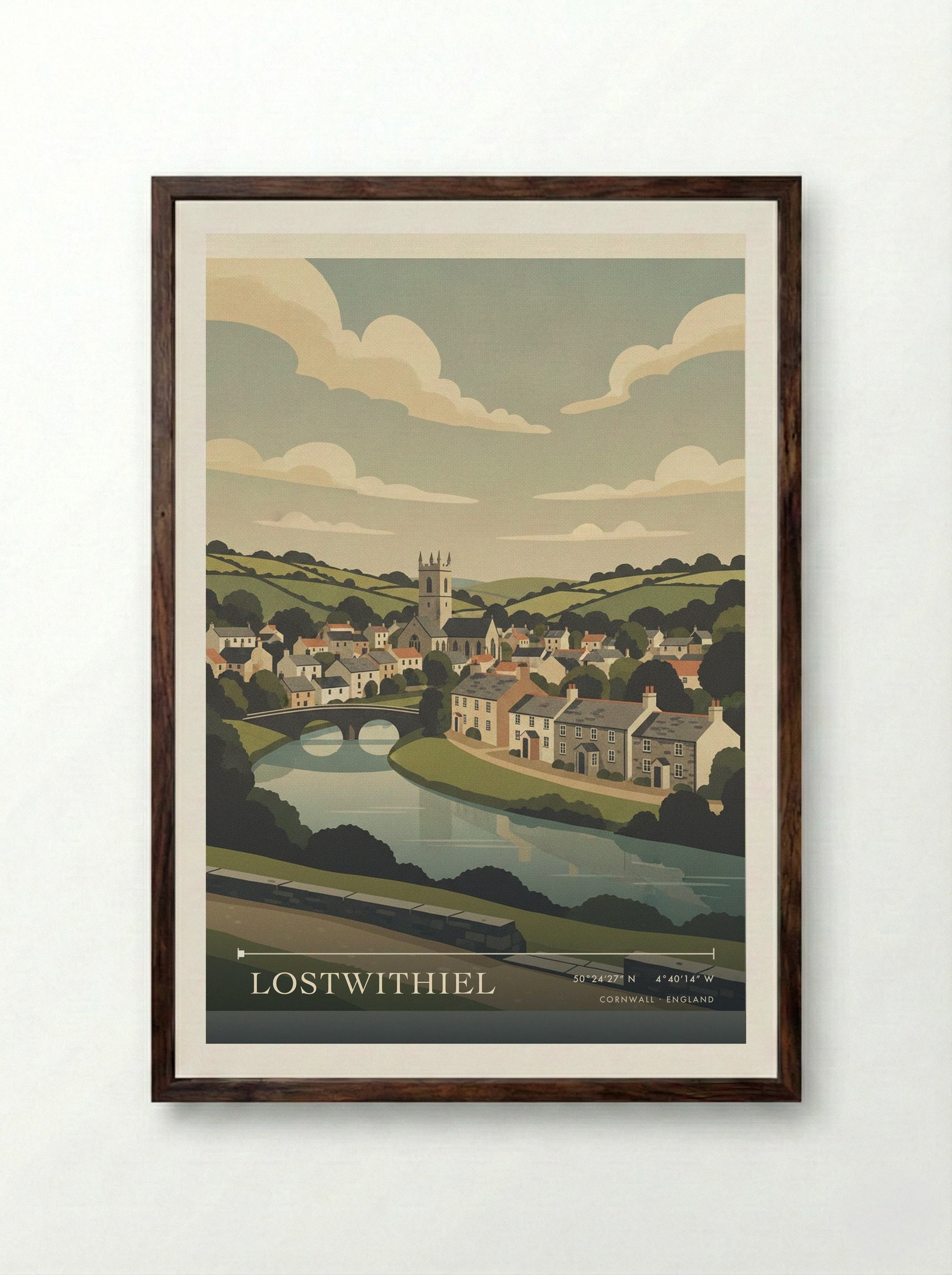 Lostwithiel Cornwall England Travel Poster - Framed Print Dark Wood