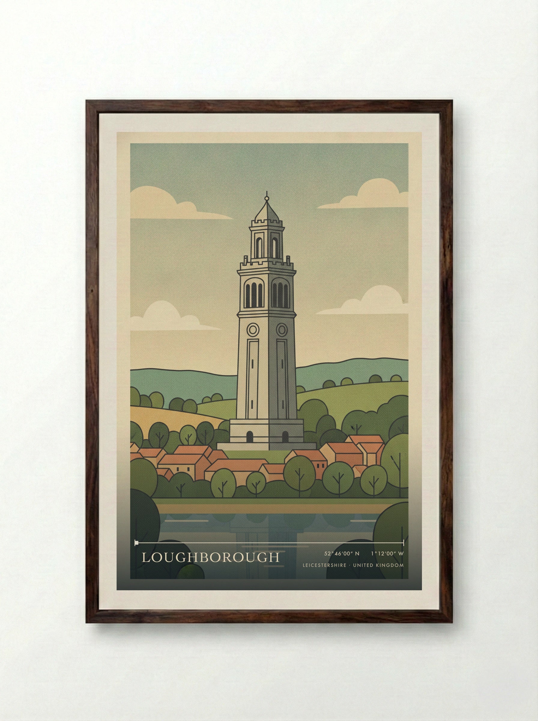 Loughborough Leicestershire United Kingdom Travel Poster - Framed Print Dark Wood