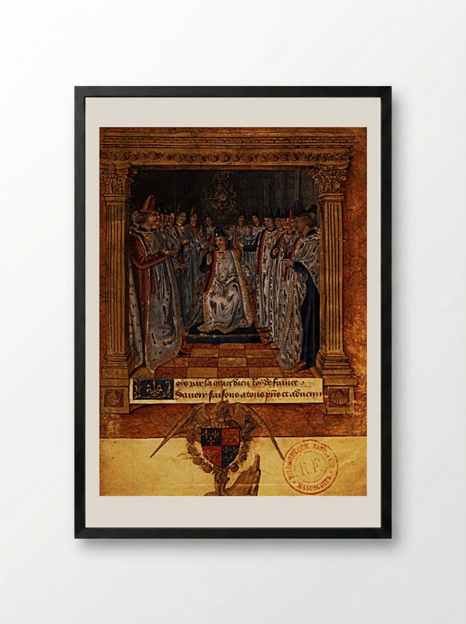 Louis XI chairing a chapter of the Order of Saint Michael - Jean Fouquet - Framed Print Black