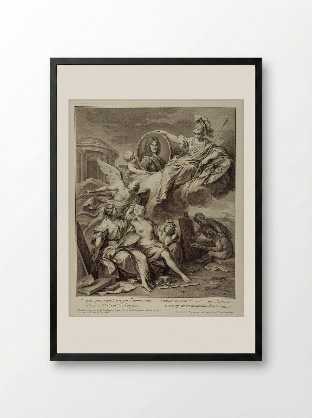 Louis XIV presented by Minerva to the Arts - Simon Henri Thomassin - Framed Print Black