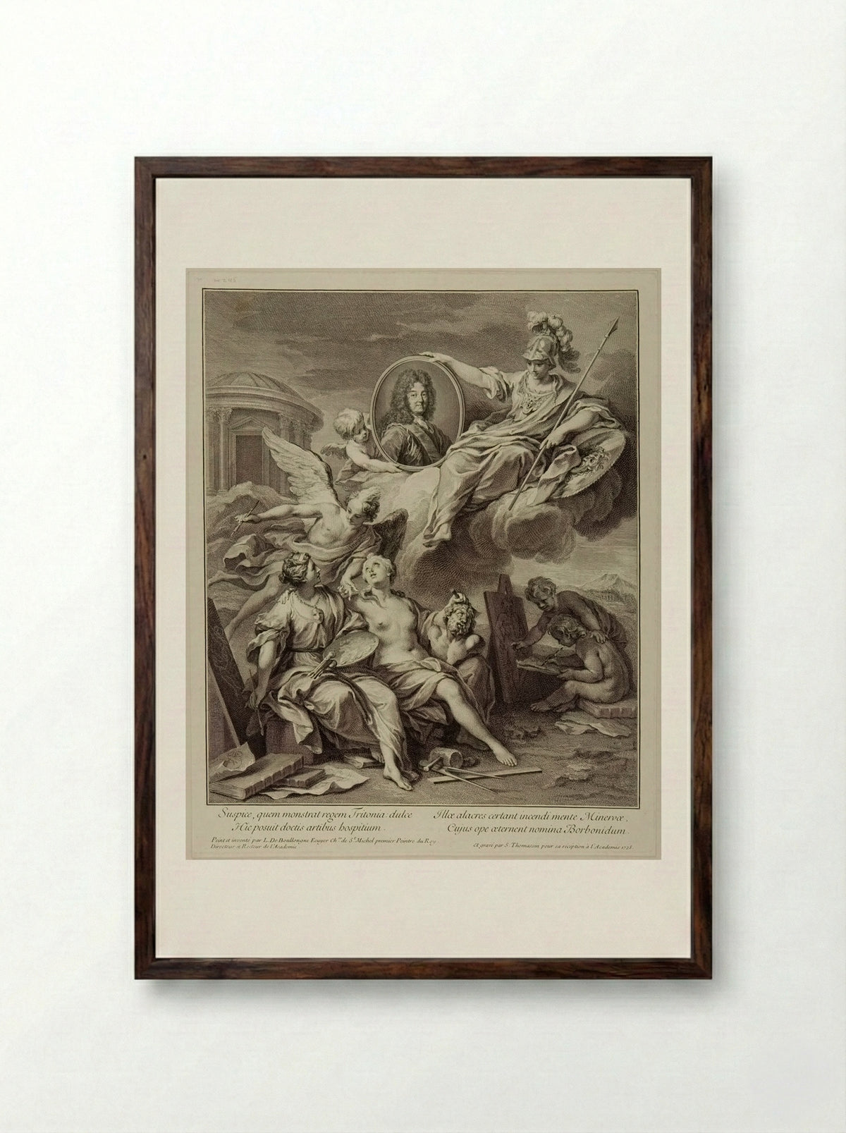 Louis XIV presented by Minerva to the Arts - Simon Henri Thomassin - Framed Print Dark Wood