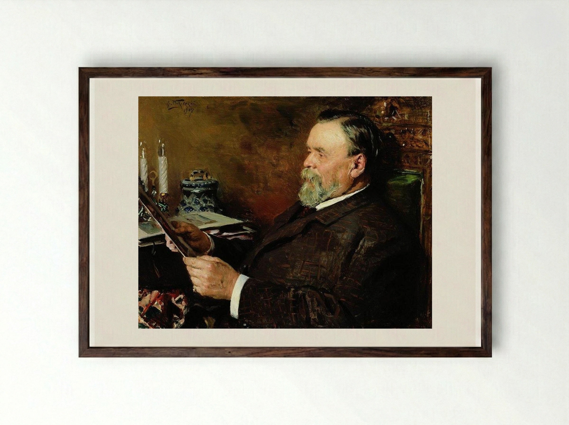 Lover of painting. Portrait of a collector I. E. Tsvetkov - Vladimir Makovsky - Framed Print Dark Wood