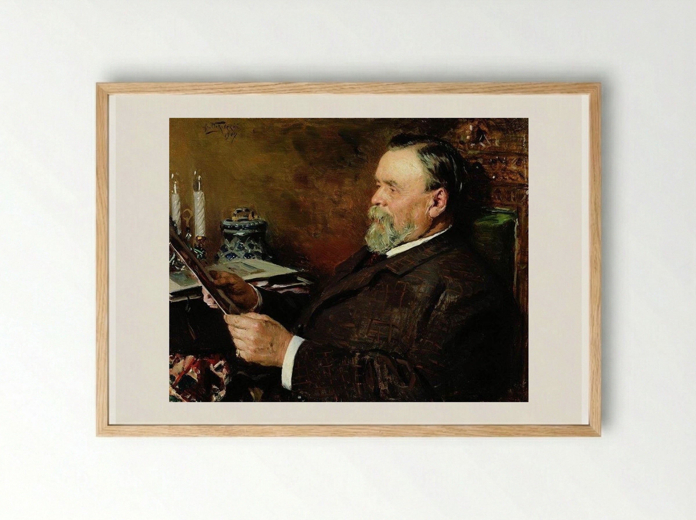Lover of painting. Portrait of a collector I. E. Tsvetkov - Vladimir Makovsky - Framed Print Wood